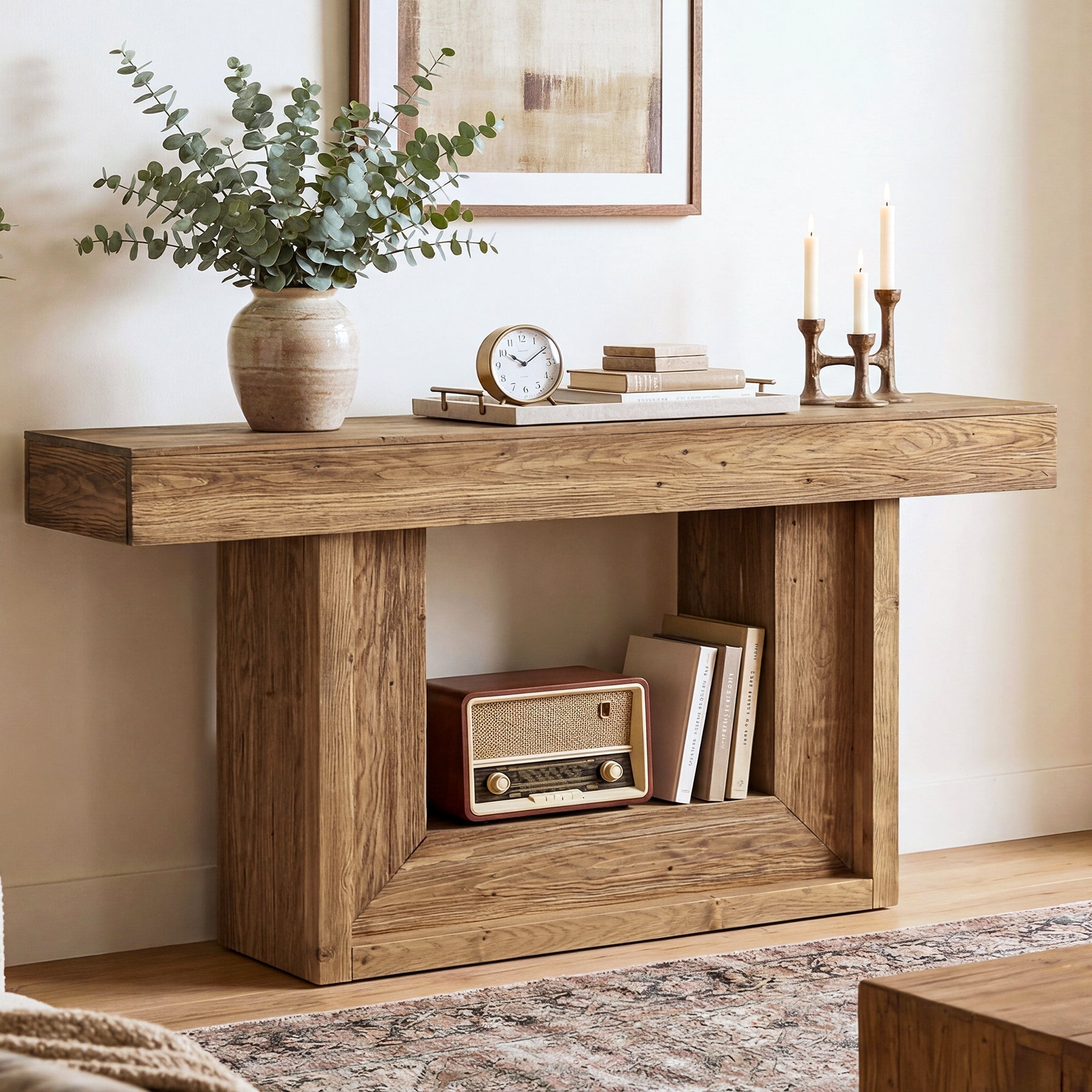 Tribesigns Mesa consola estrecha de madera maciza de 160 cm, Estilo rústico con estructura en forma de U y estante