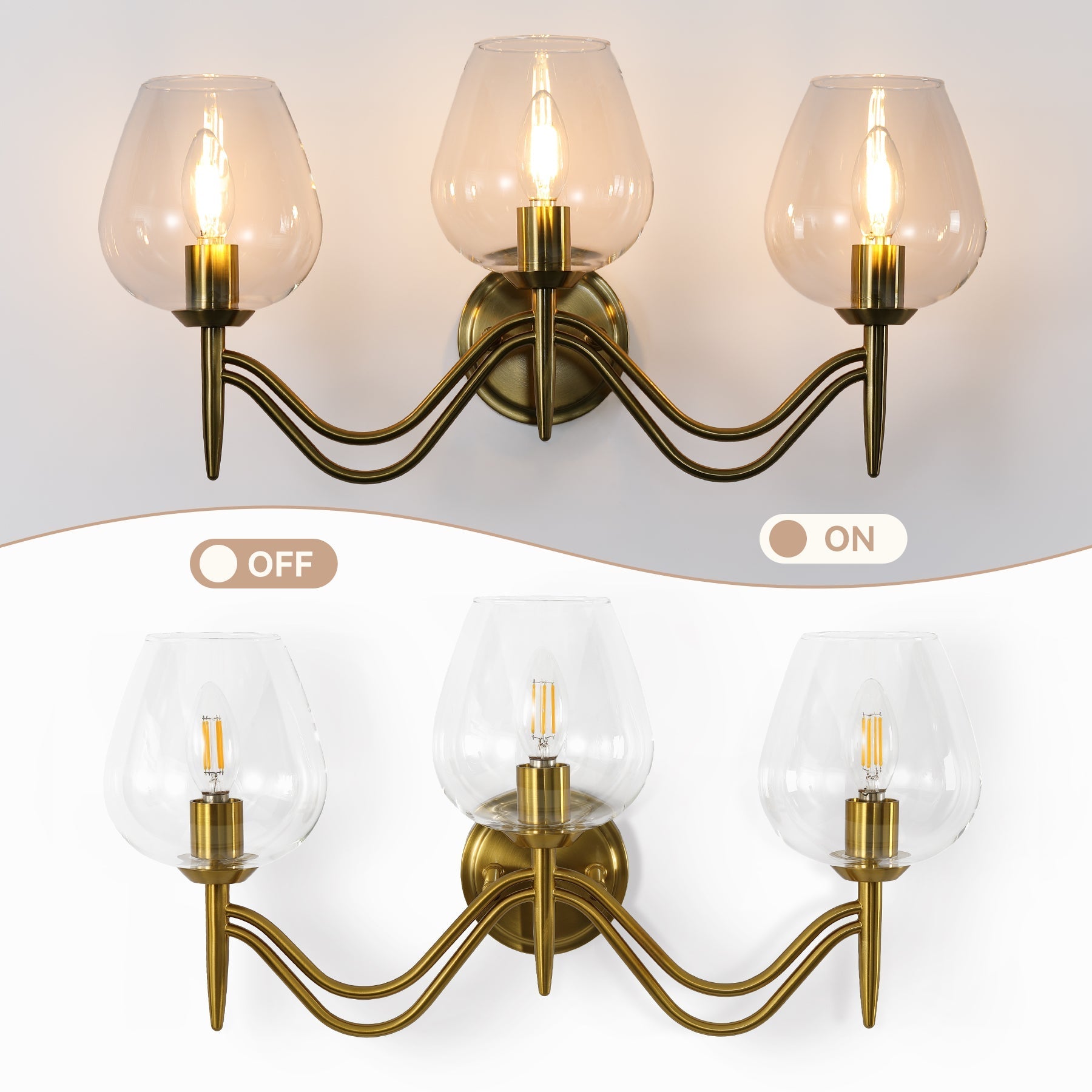 Lámpara de baño de 3 luces 58 cm, de latón con espejo y cristal transparente, casquillo E14