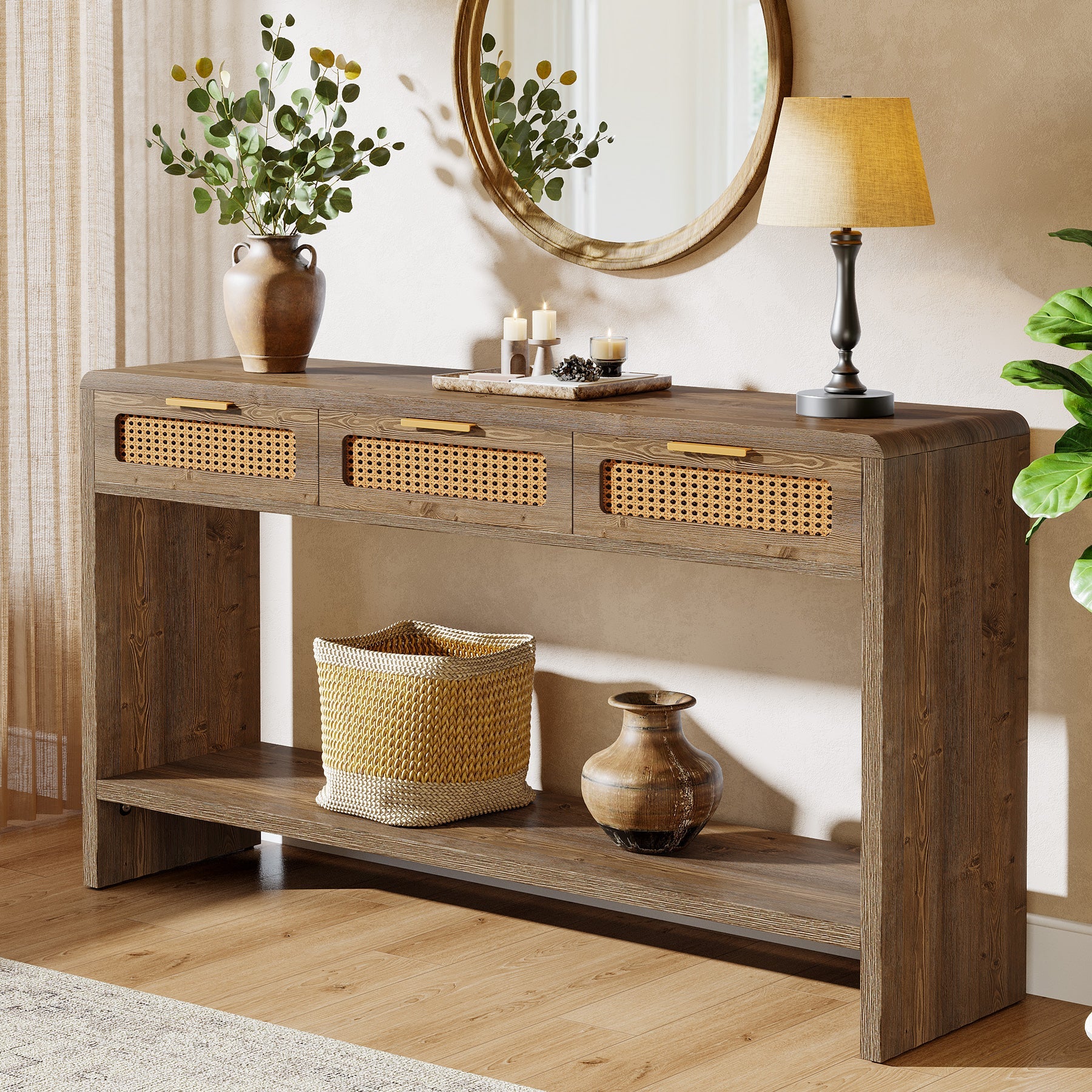 Tribesigns Consola de 140 cm con 3 cajones de ratán, Mesa de sofá estrecha con 2 estantes