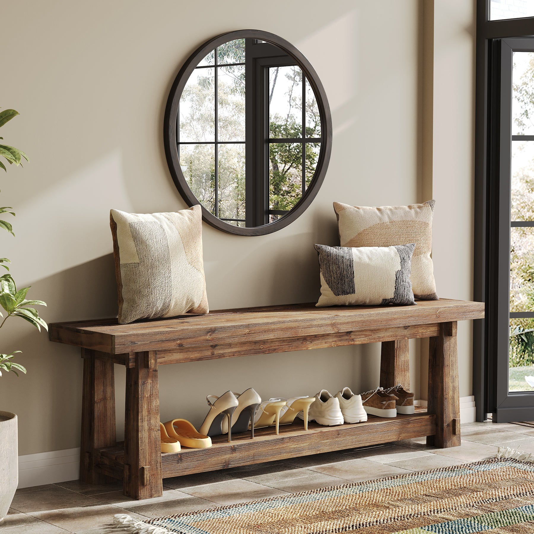 Tribesigns Banco de madera maciza con espacio para guardar zapatos, Banco de pasillo de 140 cm con estante