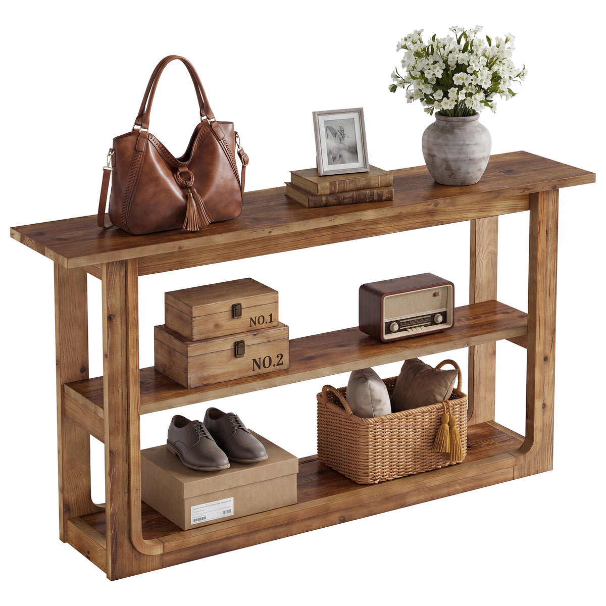 Mesa consola con 3 niveles, Mesa auxiliar estrecha de madera maciza para el pasillo Mesa de estilo rústico en color roble con estantes abiertos