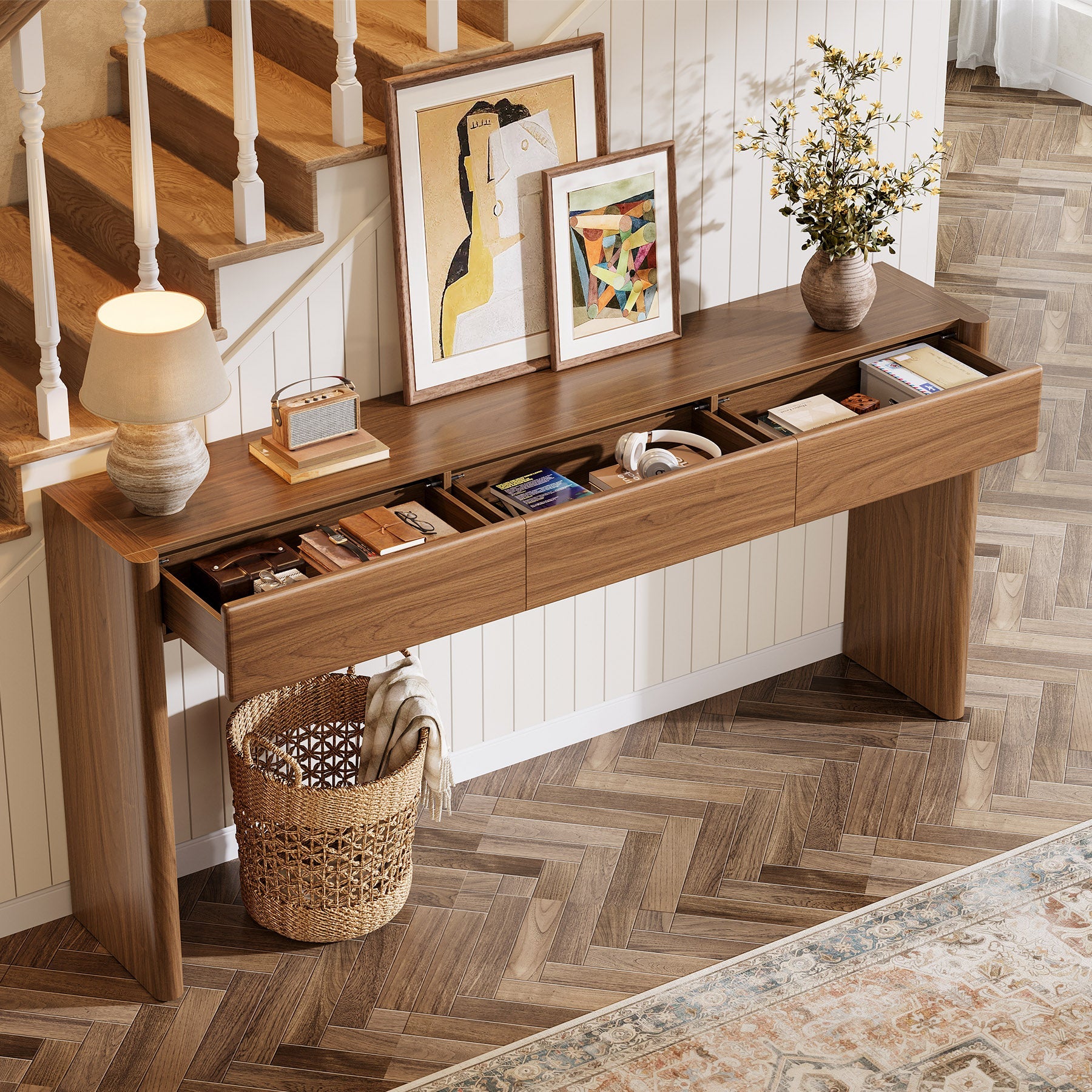 Tribesigns Consola de 180 cm con 3 cajones, Mesa estrecha para recibidor en marrón vintage Mesa auxiliar de madera con estante