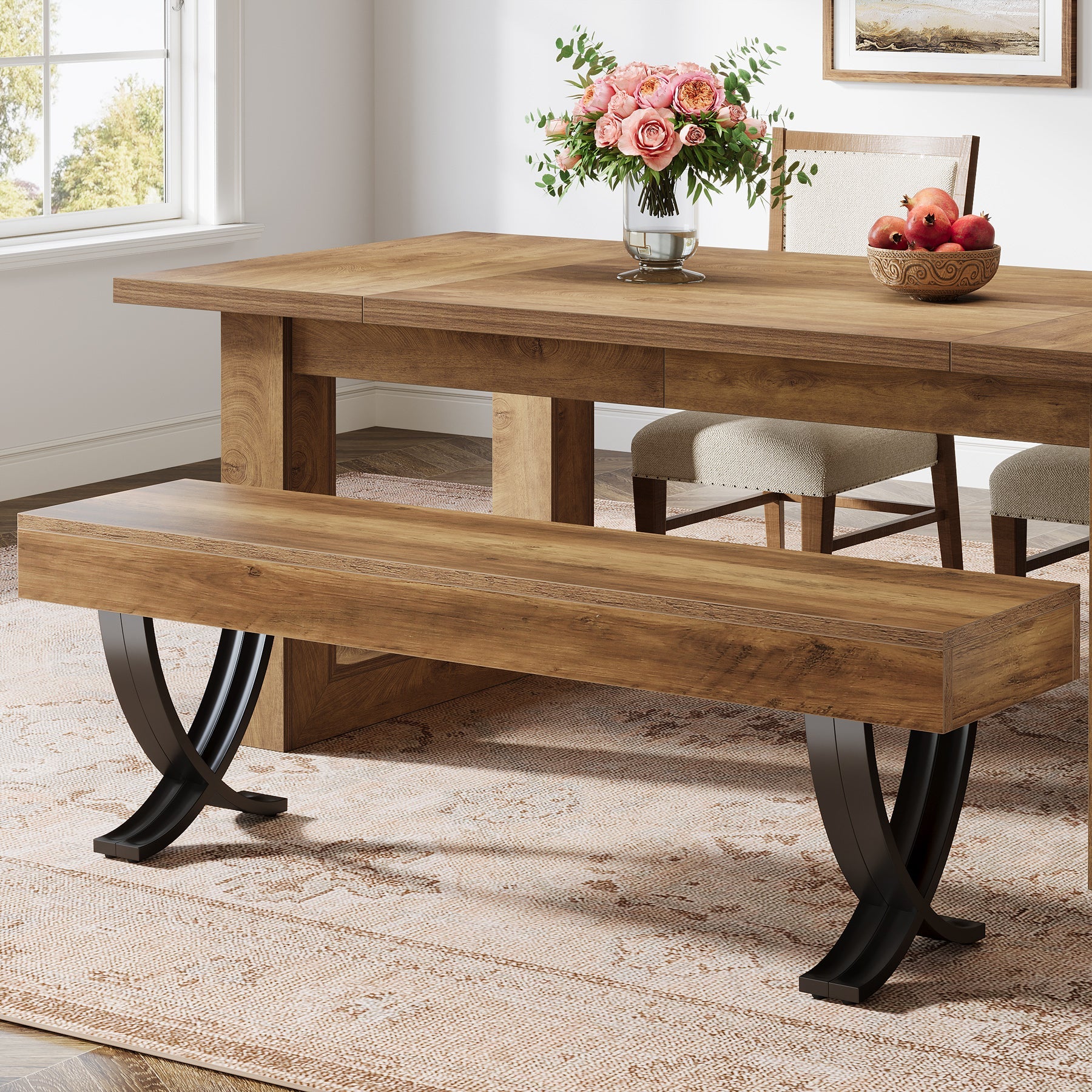 Tribesigns Banco de comedor rústico de 140 cm con tablero de aspecto de madera y patas metálicas en forma de X, Banco de cocina largo para comedor y pasillo