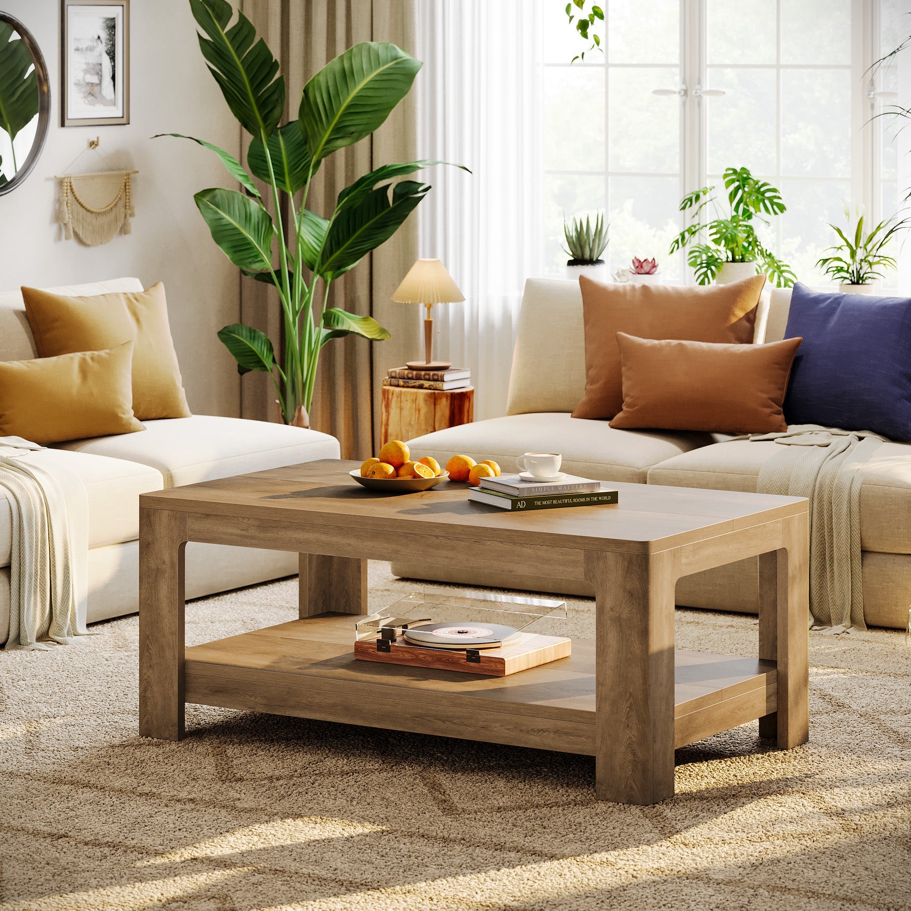 Tribesigns Mesa de centro rectangular de 120 cm con dos niveles de almacenamiento, Mesa de centro de madera para sala de estar