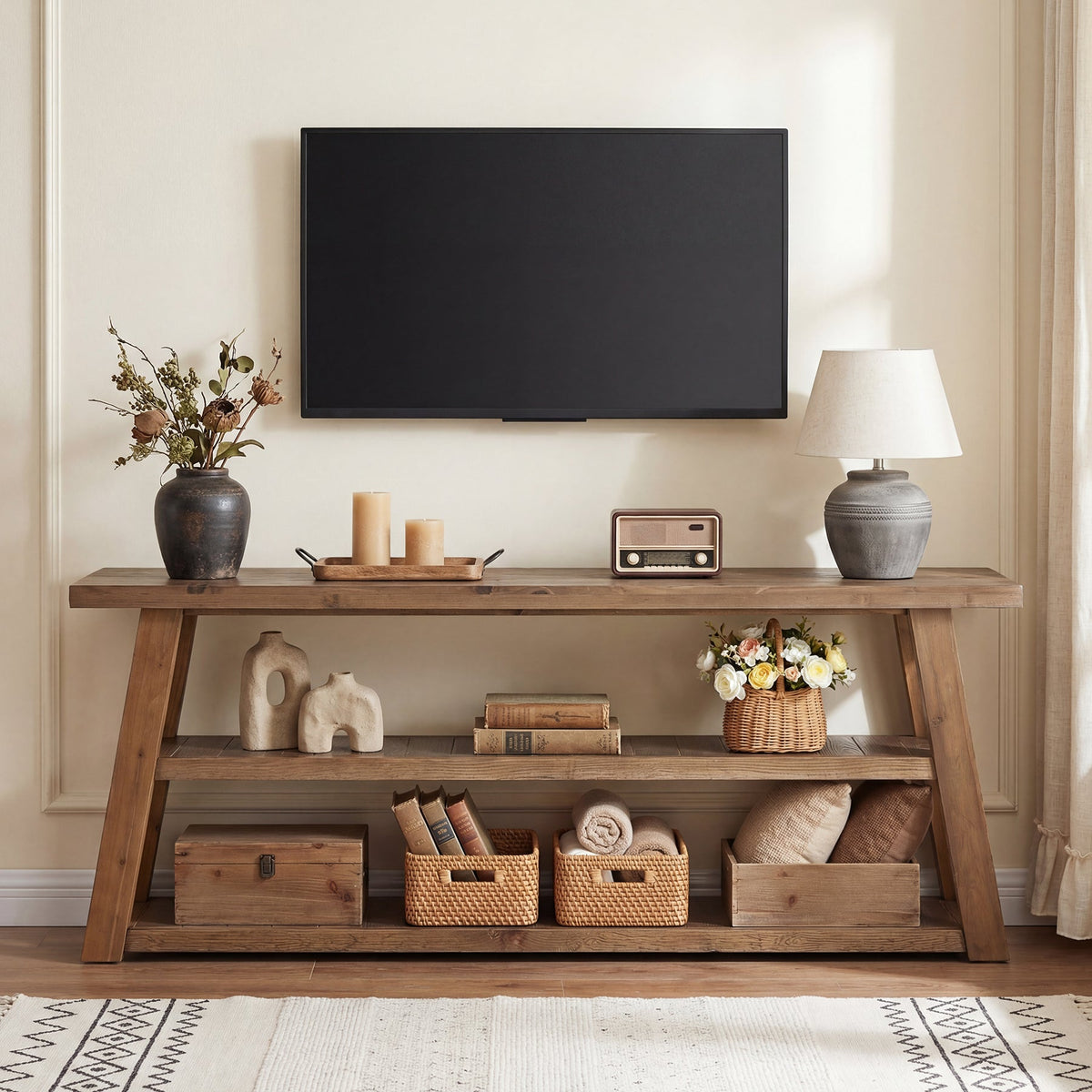 Tribesigns Mueble bajo para TV de madera maciza (160 cm) para televisores de hasta 70 pulgadas con 3 estantes abiertos