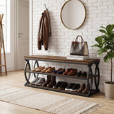 Banco zapatero con espacio de almacenamiento de 120 cm, Zapatero de 3 niveles de estilo rústico industrial con asiento 3