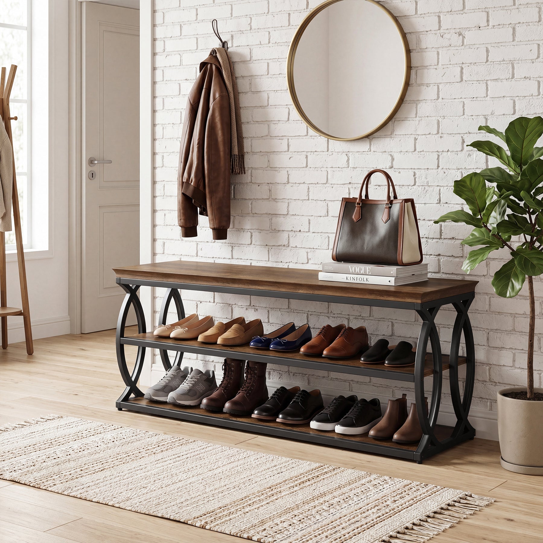 Banco zapatero con espacio de almacenamiento de 120 cm, Zapatero de 3 niveles de estilo rústico industrial con asiento