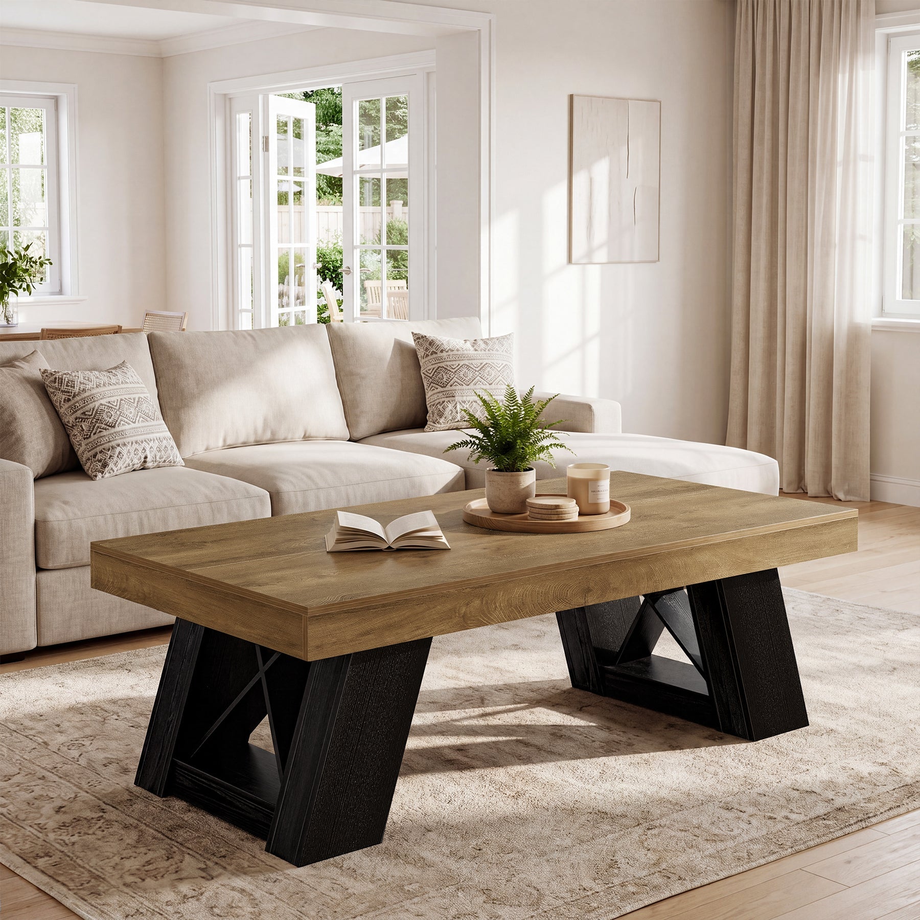 140 cm Tribesigns grote houten salontafel met dik blad en X-vormig onderstel, landelijke rechthoekige middentafel voor woonkamer