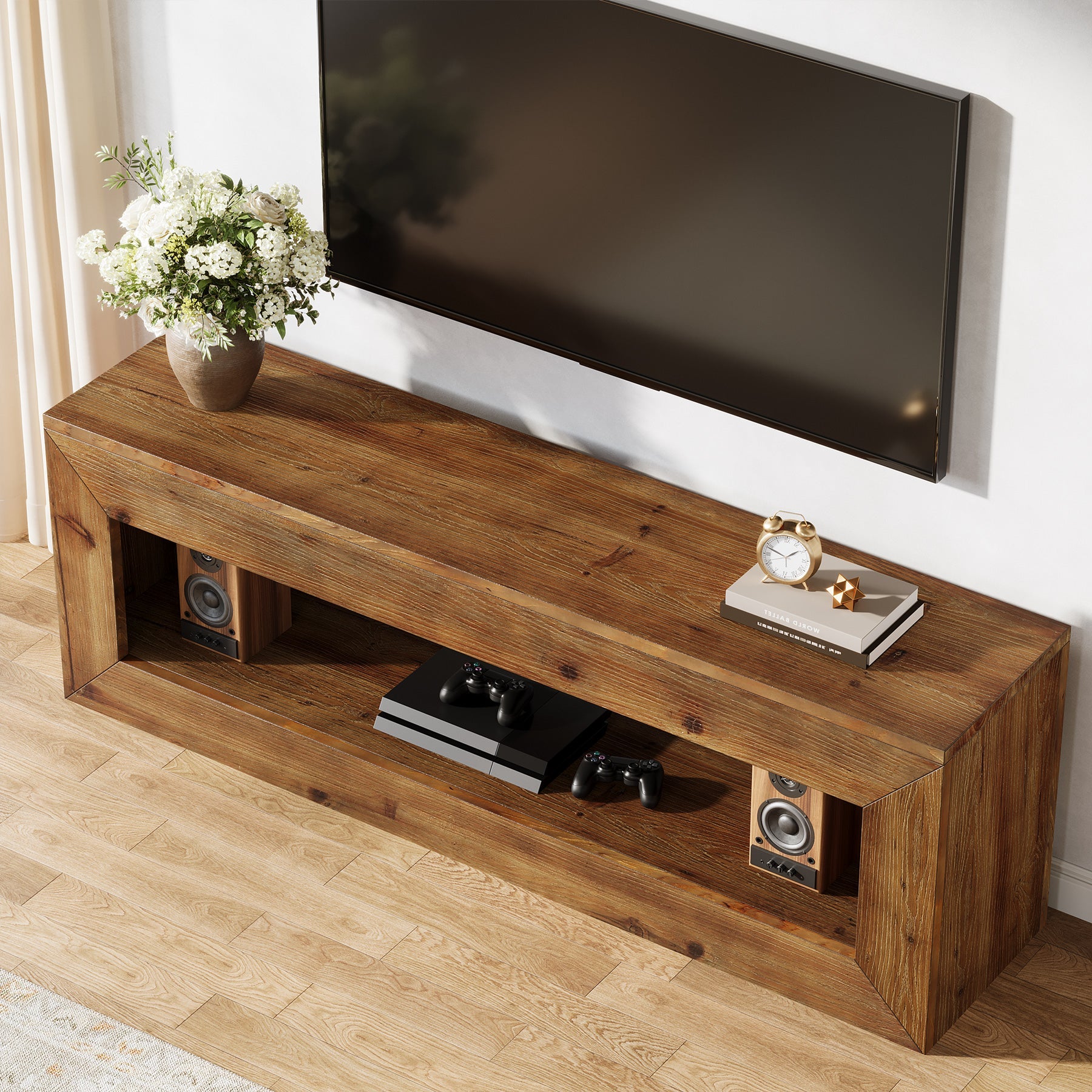 Tribesigns Mueble de TV de 120 cm de madera maciza con almacenamiento, Mueble bajo rústico para equipos multimedia
