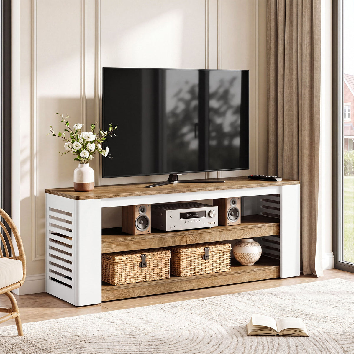 Mueble bajo para TV de 160 cm para televisores de hasta 75 pulgadas, Mueble de 3 niveles con espacio de almacenamiento y laterales de lamas
