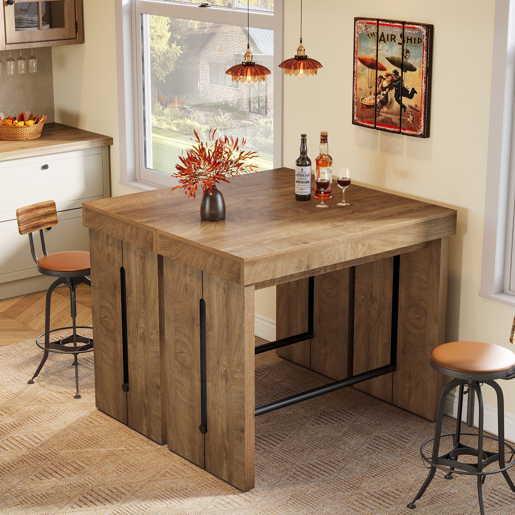 Mesa de bar de 105 cm, Mesa alta con reposapiés, isla de cocina y mesa de bistró de estilo rústico