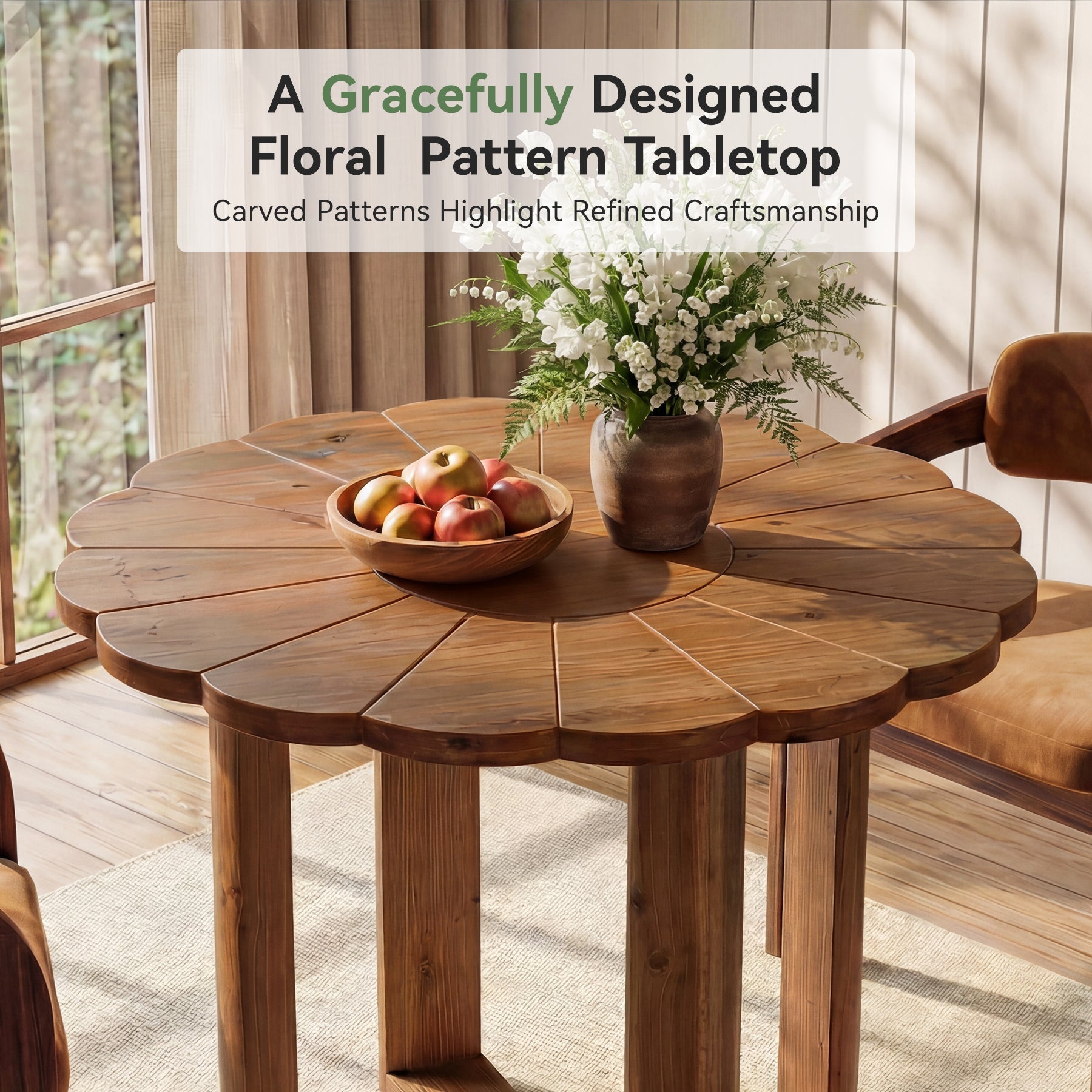 Mesa de comedor redonda de madera maciza de 80 cm para 2-4 personas, Estilo rústico con diseño floral tallado