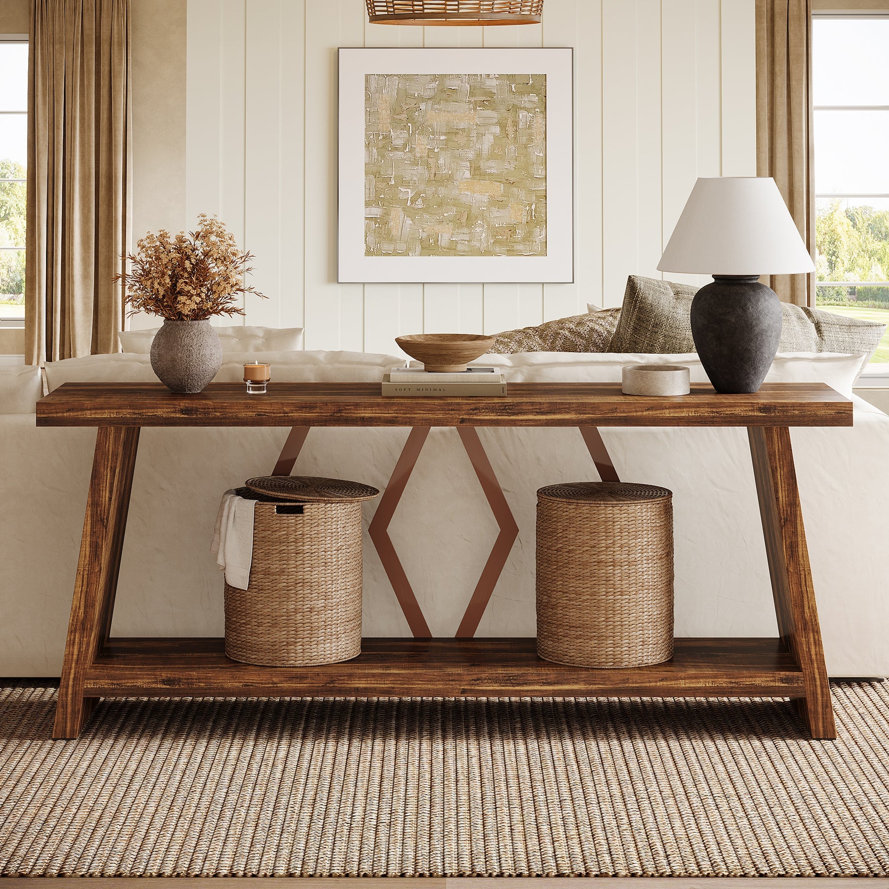 Tribesigns Mesa consola extralarga de 180 cm con 2 estantes, Mesa auxiliar estrecha para salón y recibidor