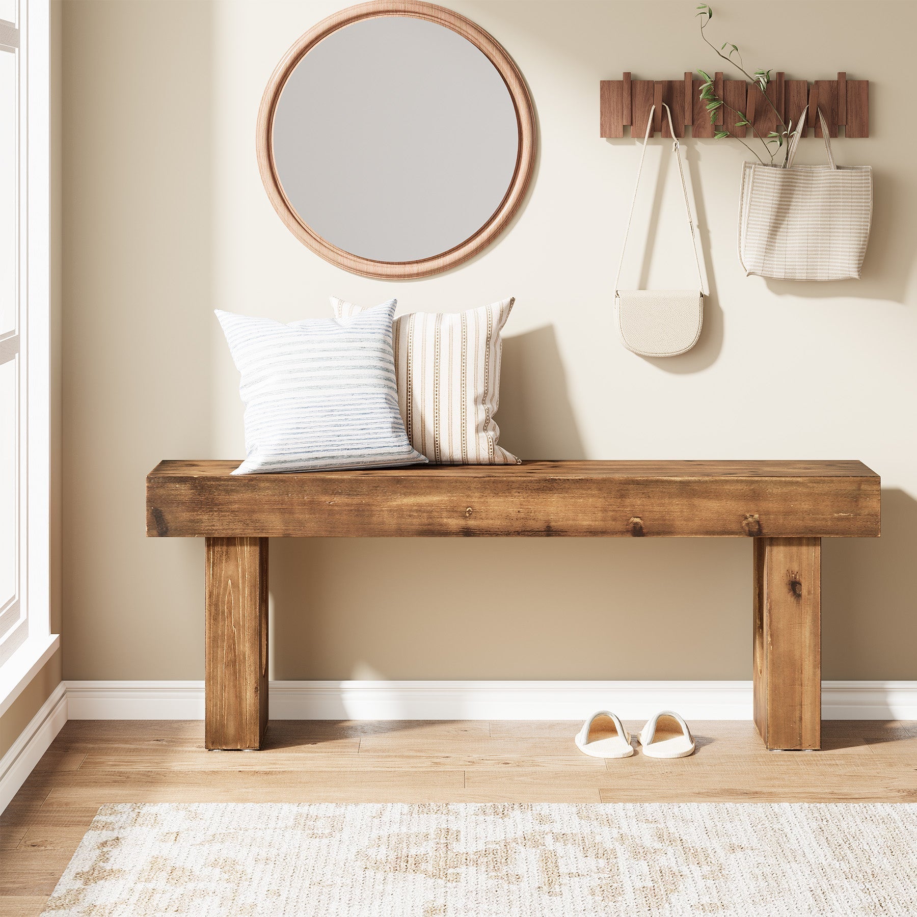 Tribesigns Banco de 120 cm de madera maciza, Banco de pasillo de pino con una robusta base en forma de U