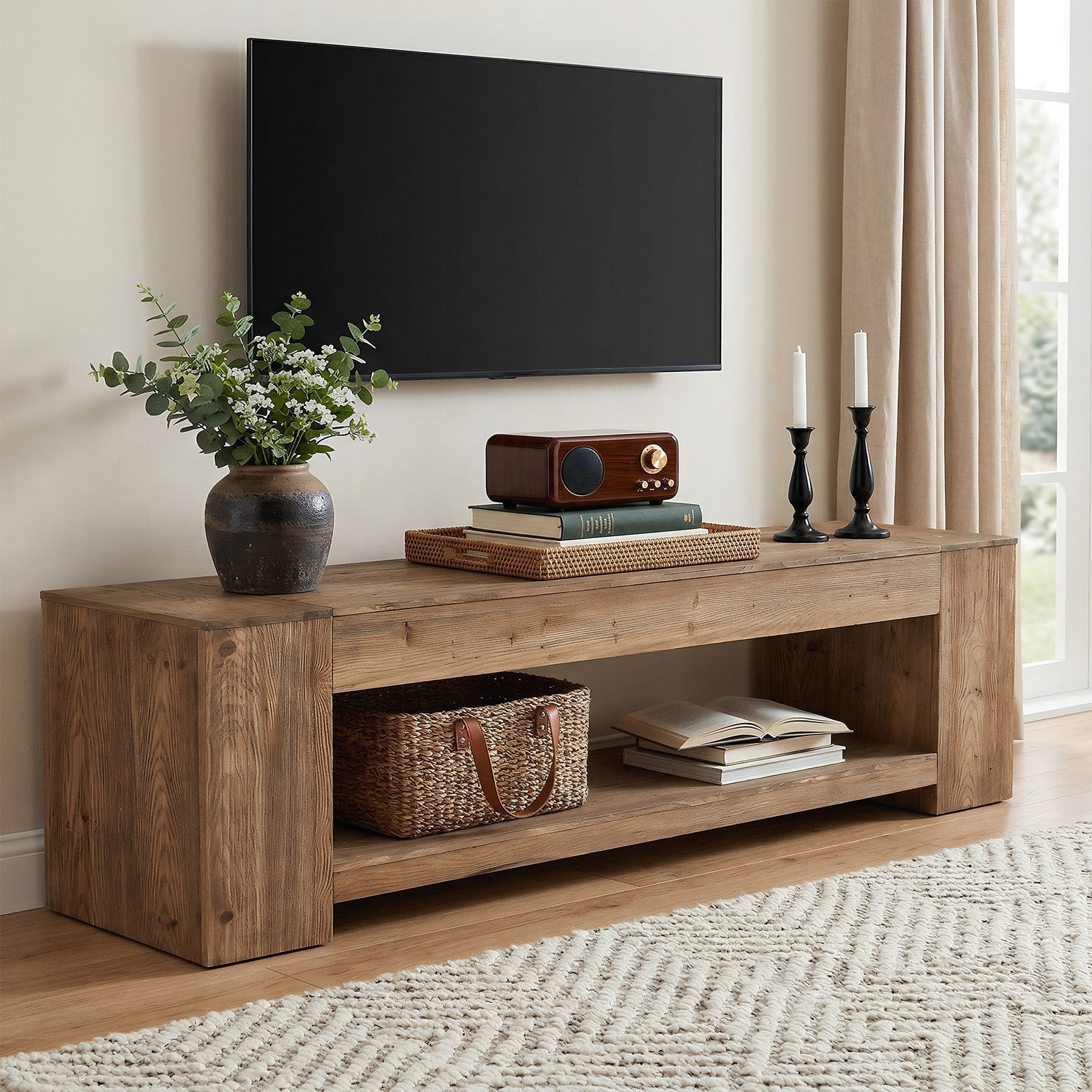 Tribesigns Mueble de TV de madera maciza de 160 cm para televisores, Mueble de TV rústico con compartimento de almacenamiento abierto