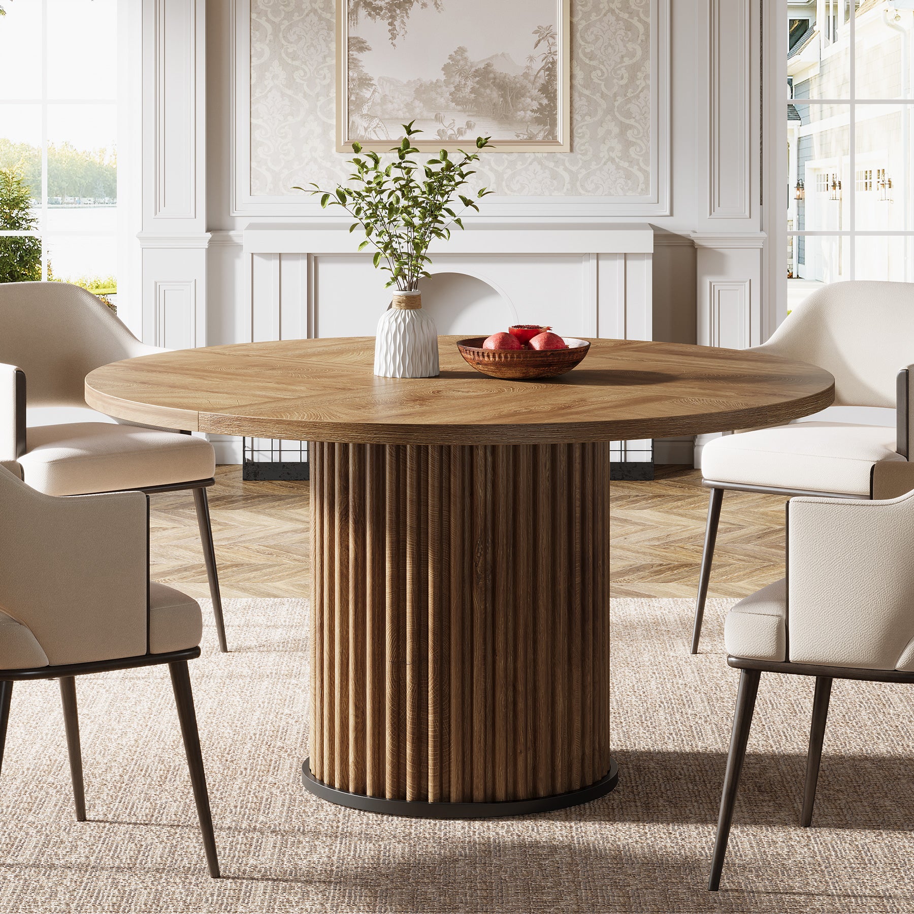 Tribesigns Mesa de comedor redonda de 120 cm, Mesa de cocina de madera con base de metal ranurado resistente