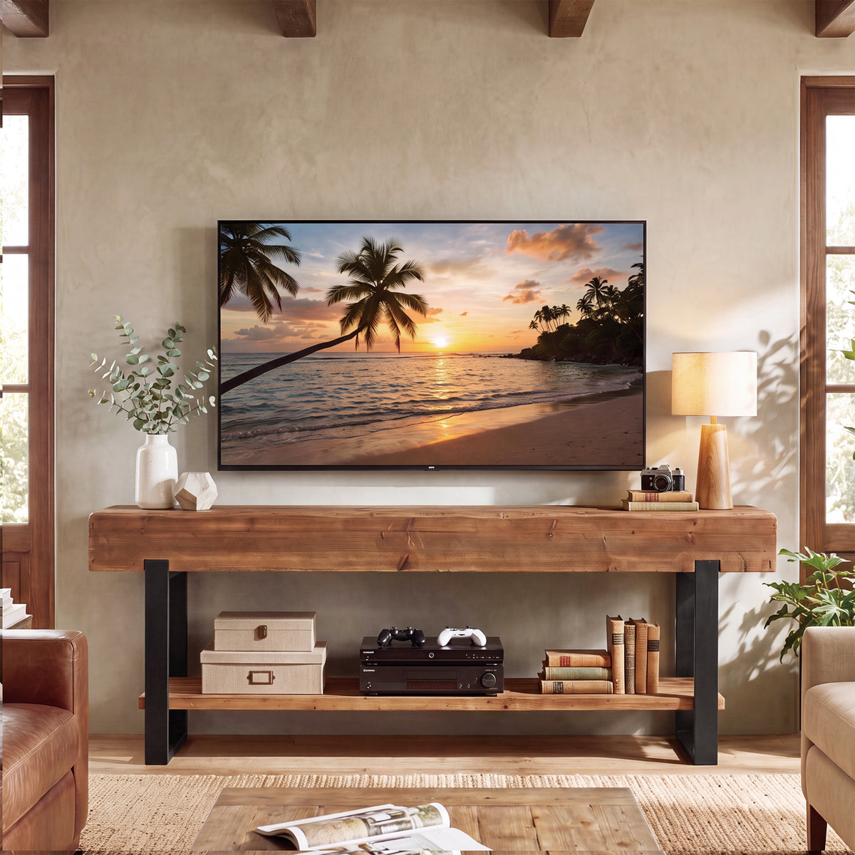 Tribesigns Mueble para TV de madera maciza para televisores, Centro de entretenimiento de estilo industrial de 2 niveles con estructura metálica