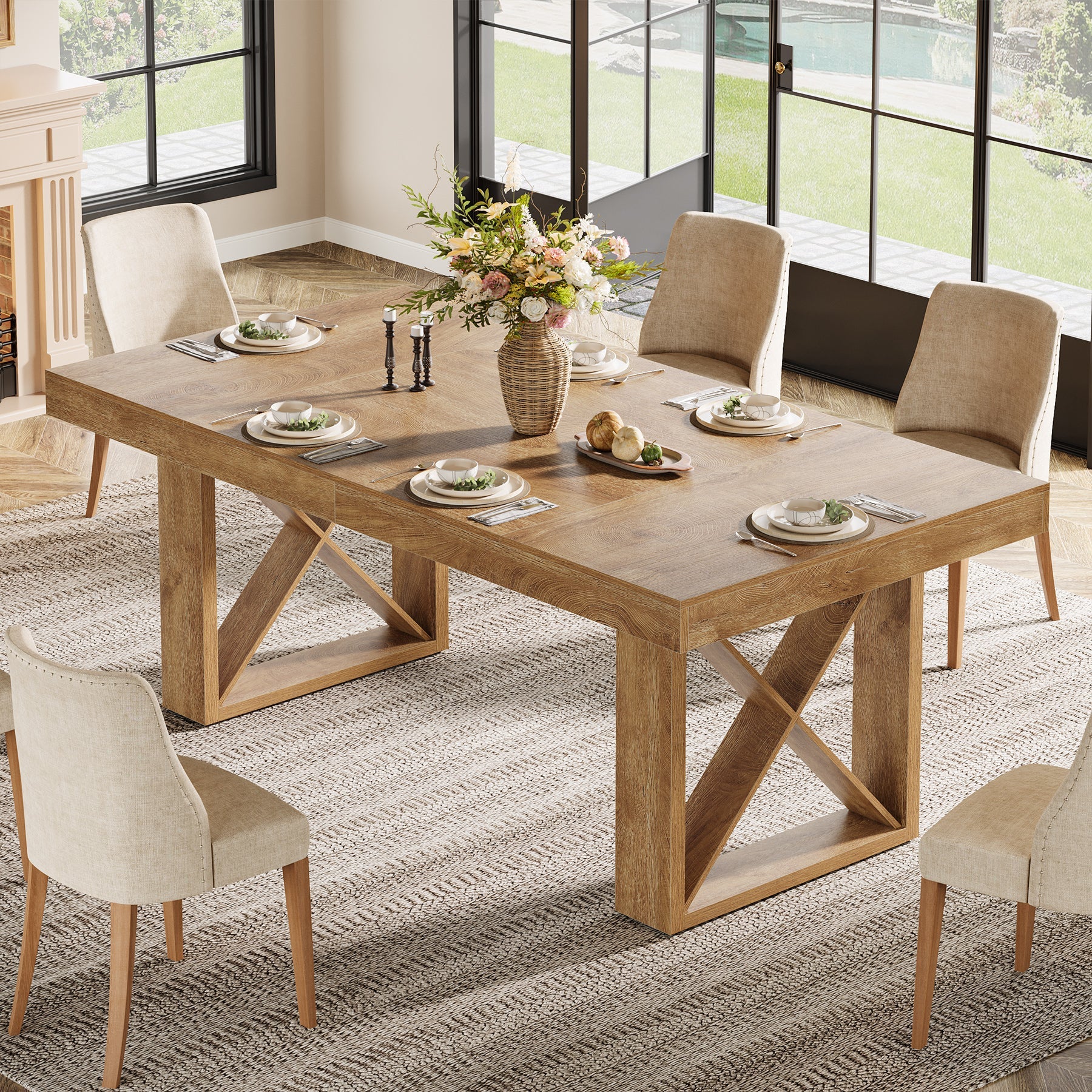 Tribesigns Mesa de comedor de 160 cm para 4-6 personas, Diseño rústico con aspecto de madera maciza