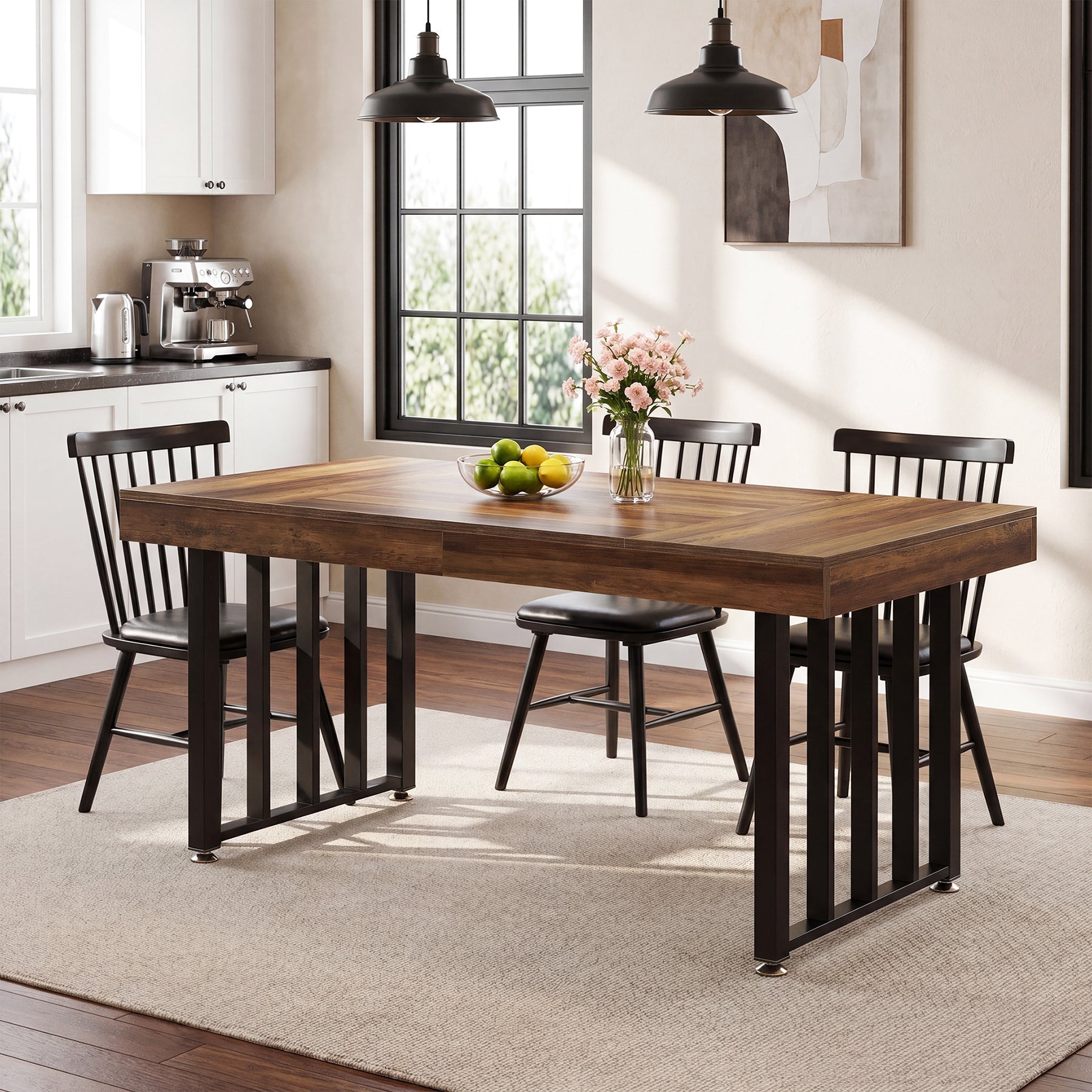 Mesa de comedor de 140 cm para 4 personas, Mesa de cocina rectangular con patas metálicas resistentes