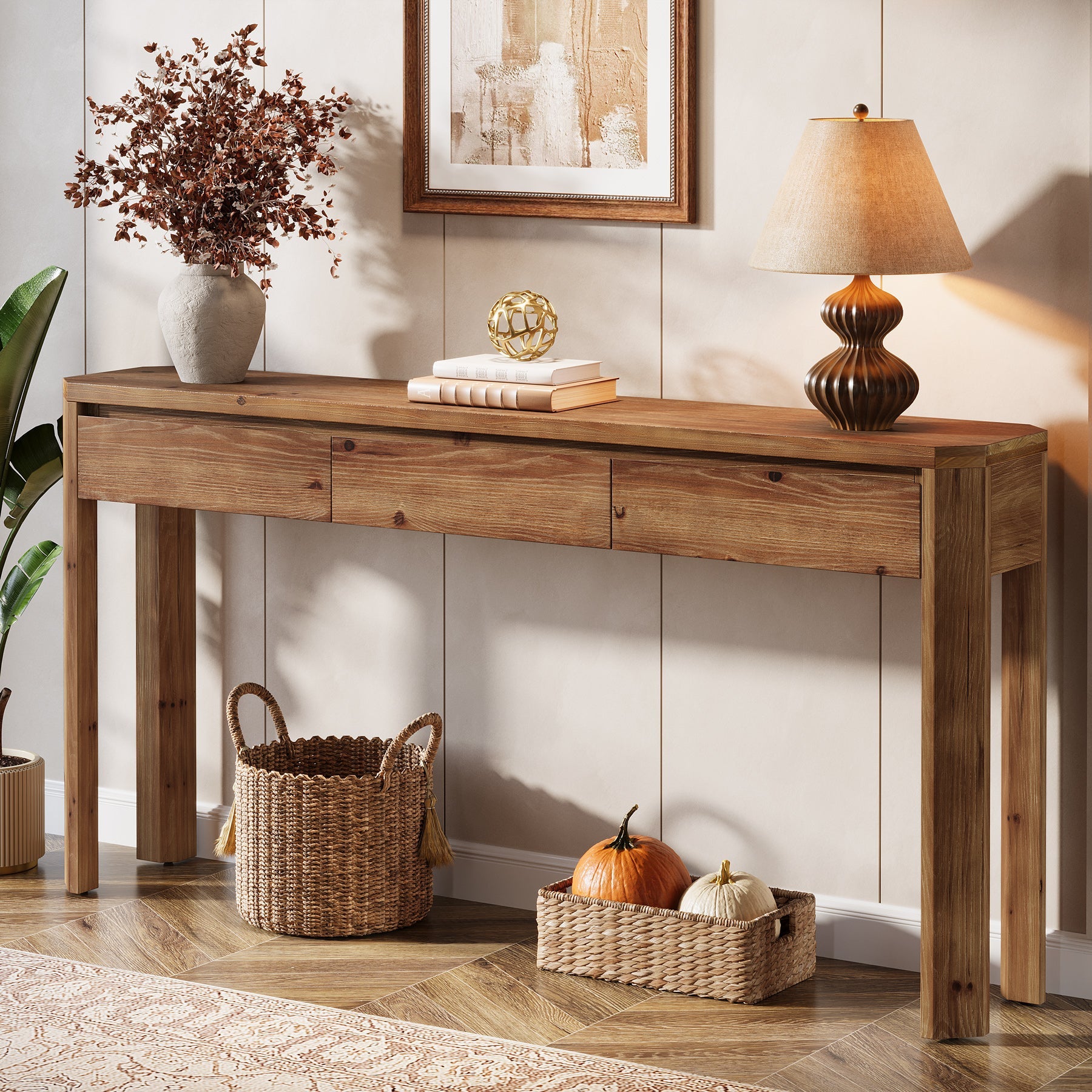 Tribesigns Consola de madera maciza de 160 cm con 3 cajones, Mesa de recibidor y sofá esquinas redondeadas estilo rústico