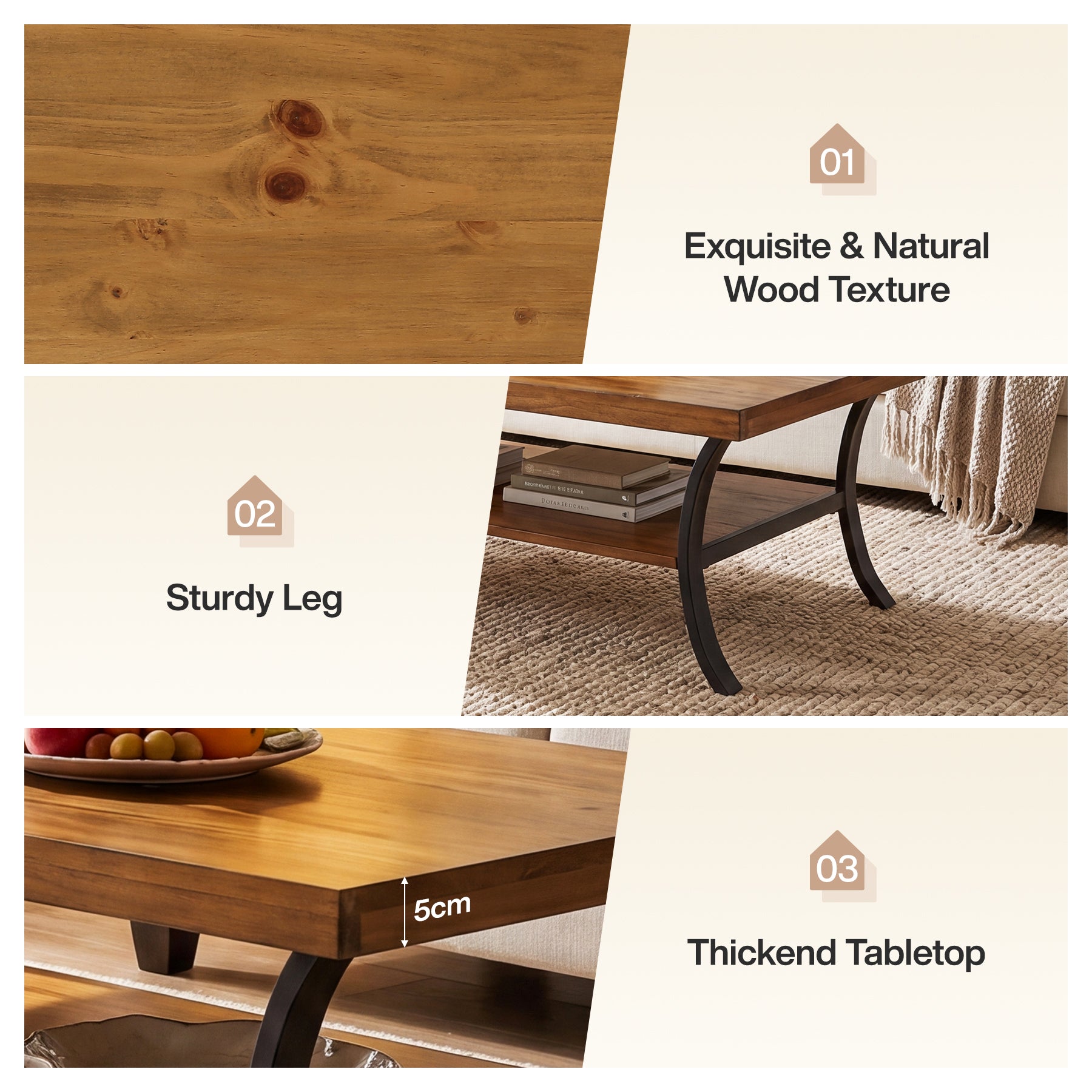 Tribesigns Mesa de centro de madera maciza de 120 cm con estante, Mesa de salón de 2 niveles con patas metálicas curvas