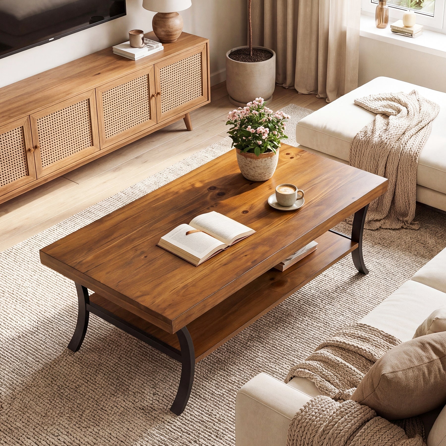 Tribesigns Mesa de centro de madera maciza de 120 cm con estante, Mesa de salón de 2 niveles con patas metálicas curvas