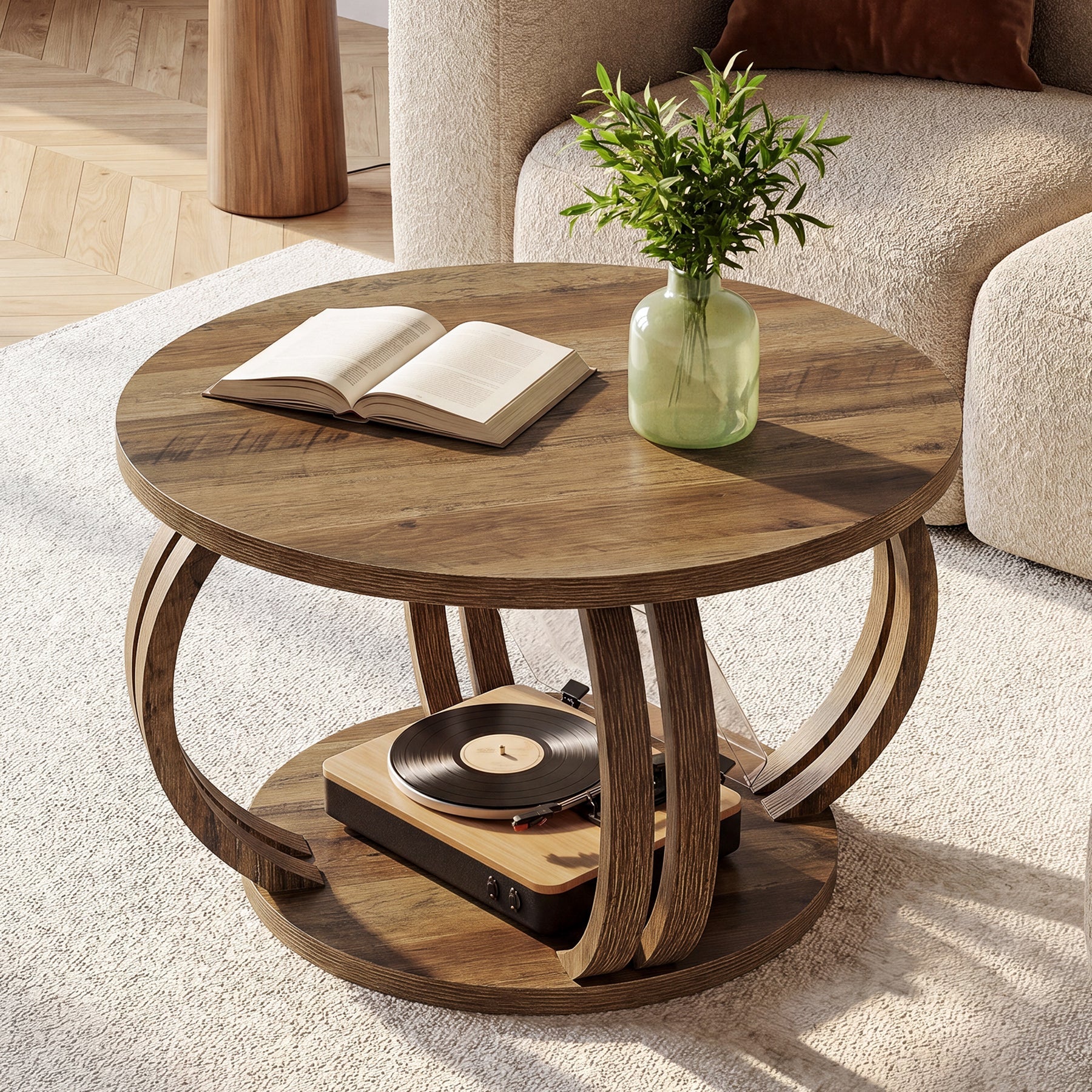 Tribesigns Mesa de centro redonda de 80 cm con estante, Mesa de salón con base de columna escultural