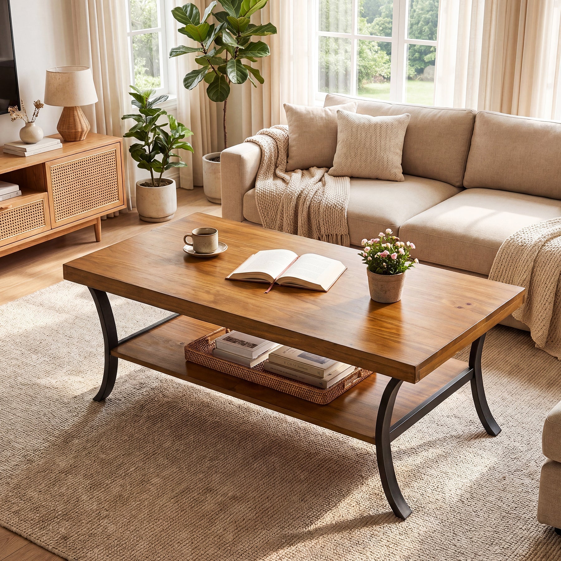 Tribesigns Mesa de centro de madera maciza de 120 cm con estante, Mesa de salón de 2 niveles con patas metálicas curvas