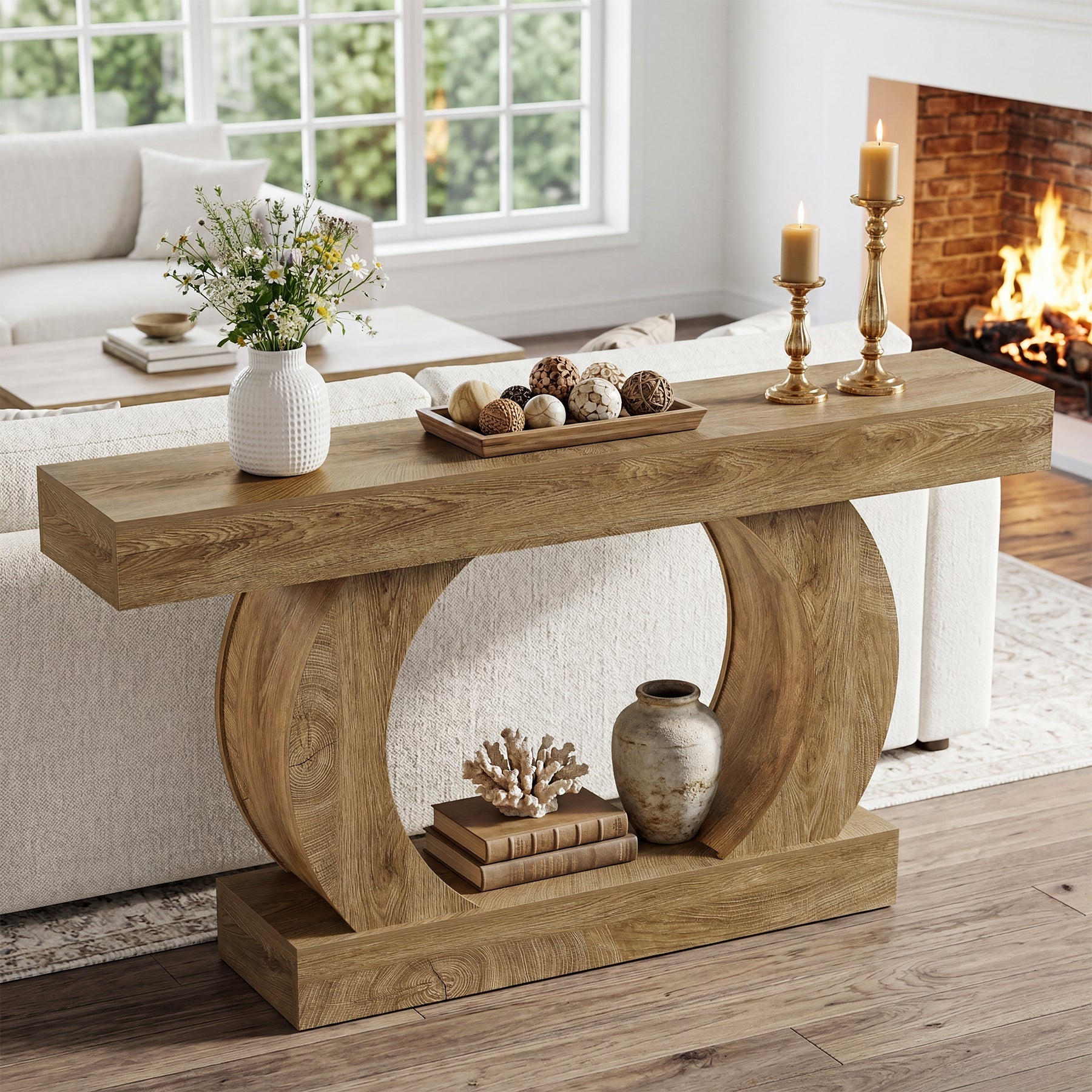 150 x 30 x 85 cm Tribesigns landelijke consoletafel met ronde open voet, smalle 2-laagse haltafel voor hal en woonkamer