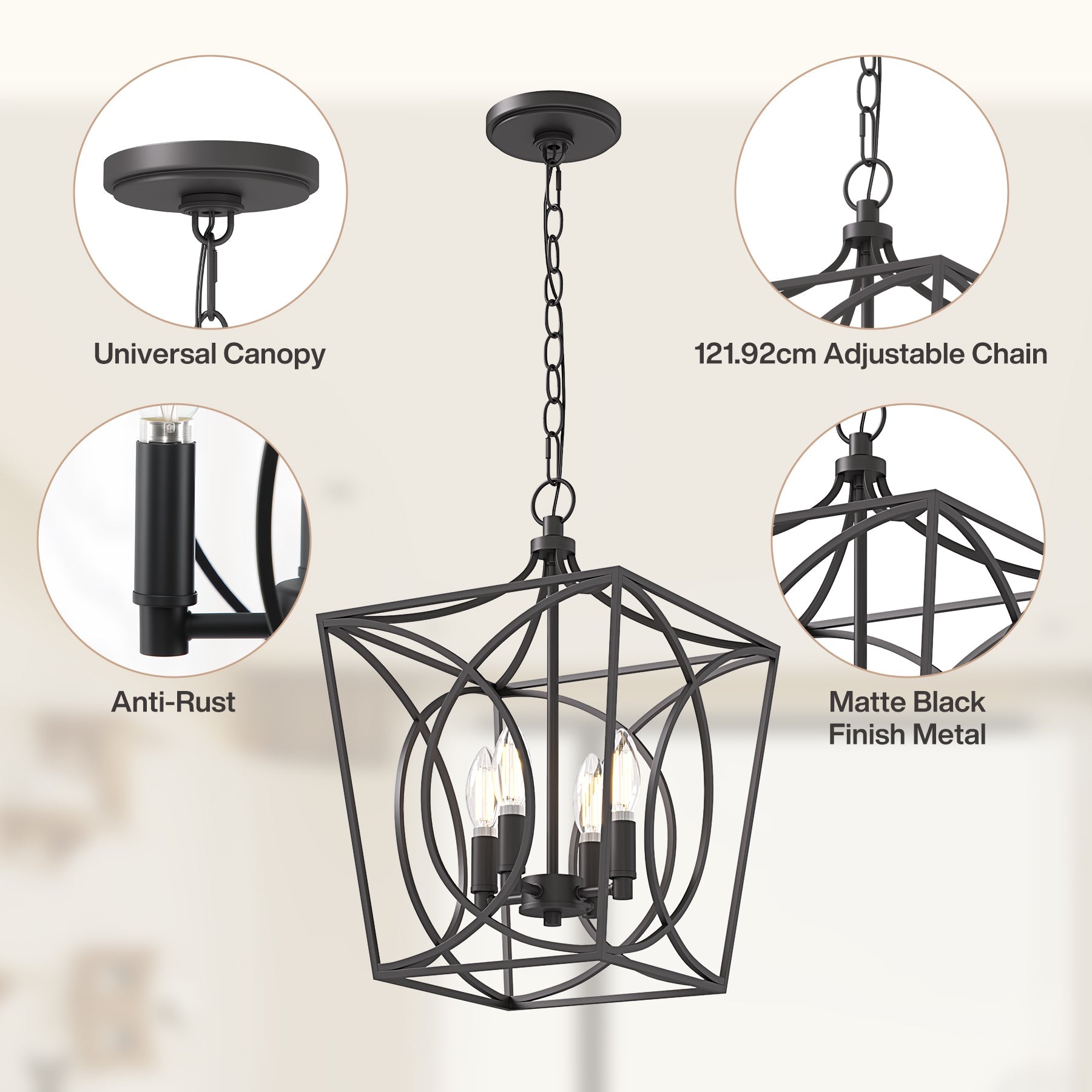 Tribesigns Lámpara de araña industrial negra, Lámpara colgante geométrica con 4 portalámparas E14 altura ajustable