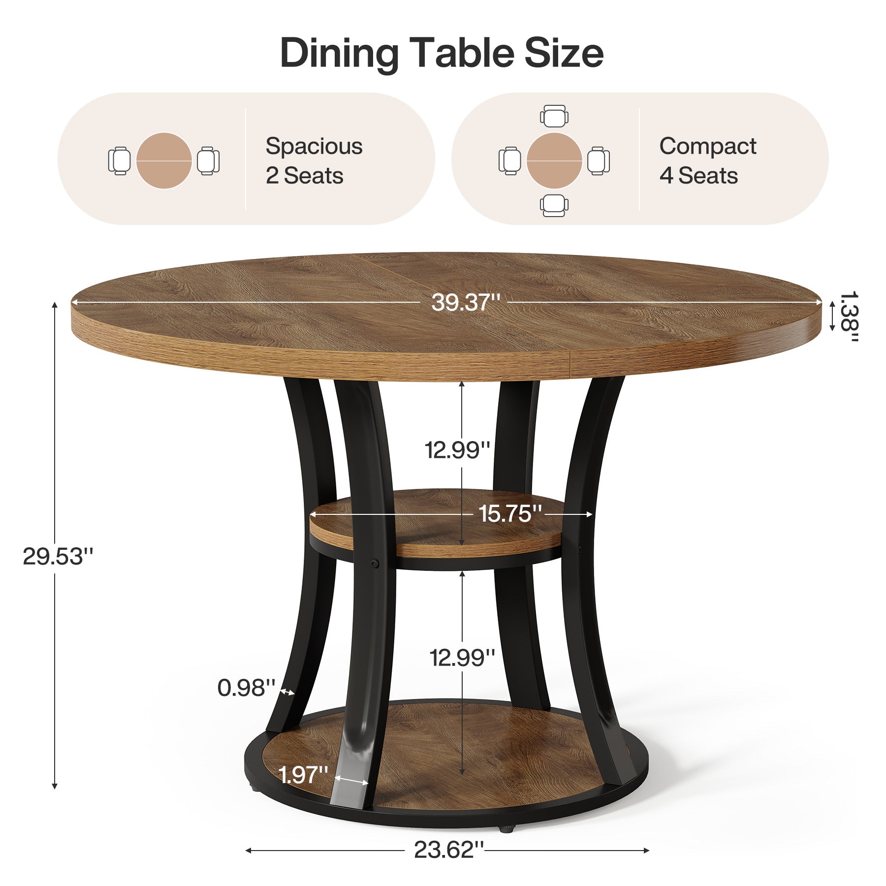 39.37" Round Dining Table, Farmhouse Kitchen Table with Storage for 4 People