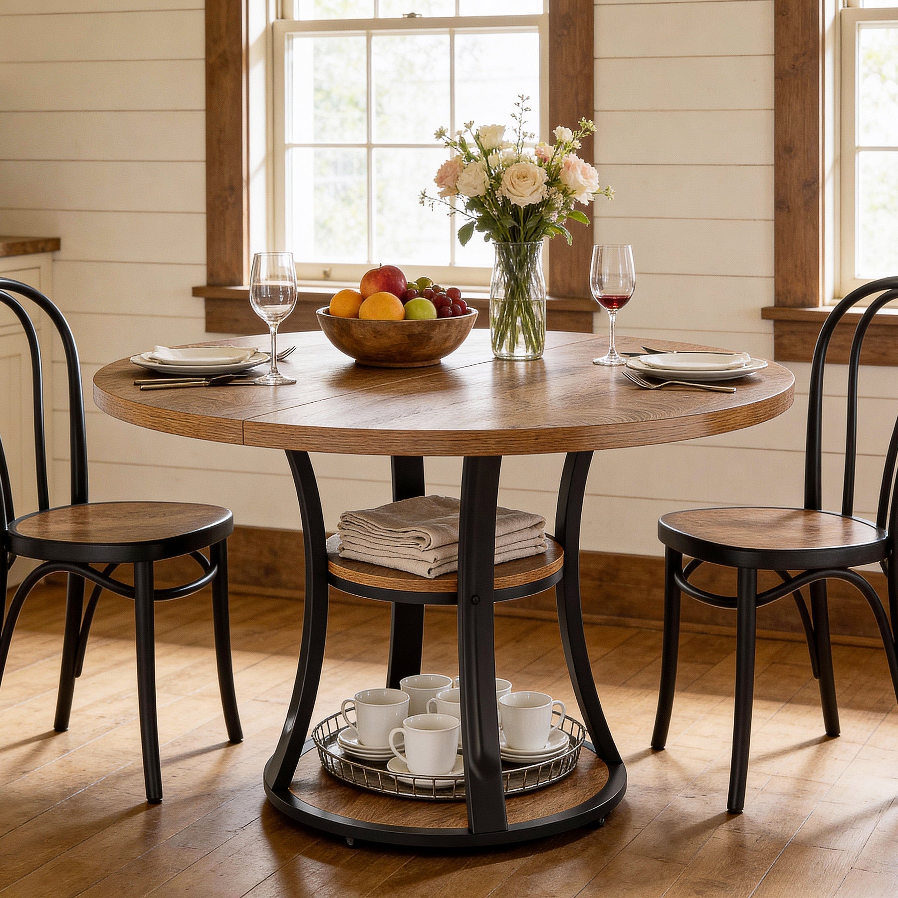 39.37" Round Dining Table, Farmhouse Kitchen Table with Storage for 4 People