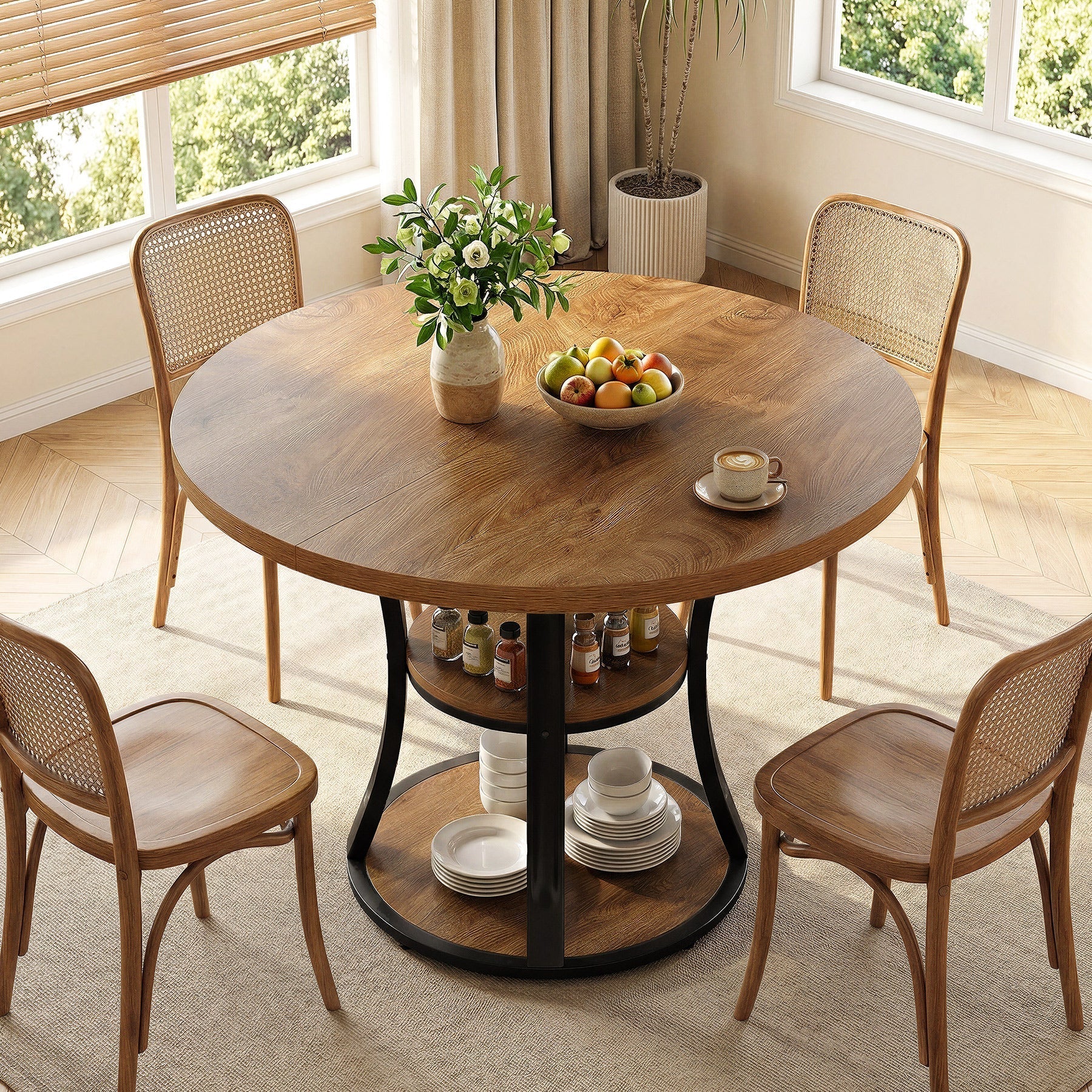 39.37" Round Dining Table, Farmhouse Kitchen Table with Storage for 4 People