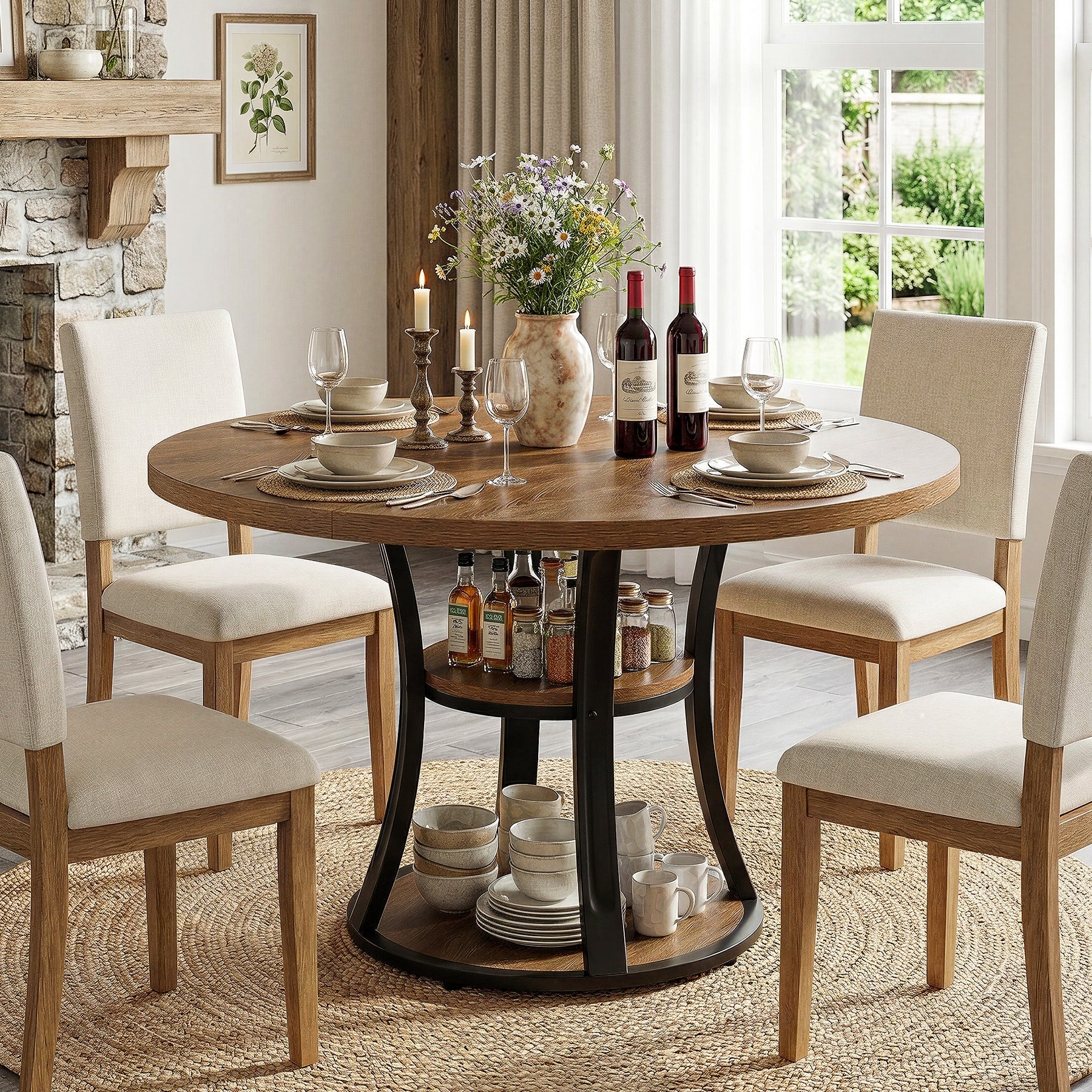 39.37" Round Dining Table, Farmhouse Kitchen Table with Storage for 4 People