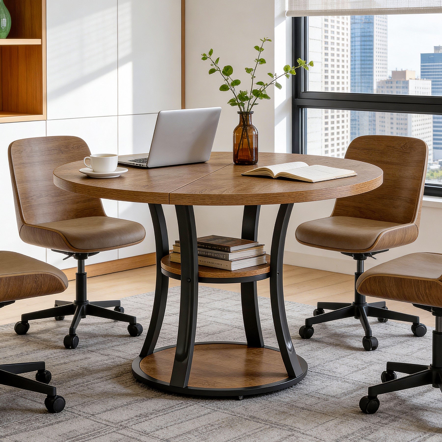 39" Small Conference Table, Modern Round Meeting Room Table for 2-4 People