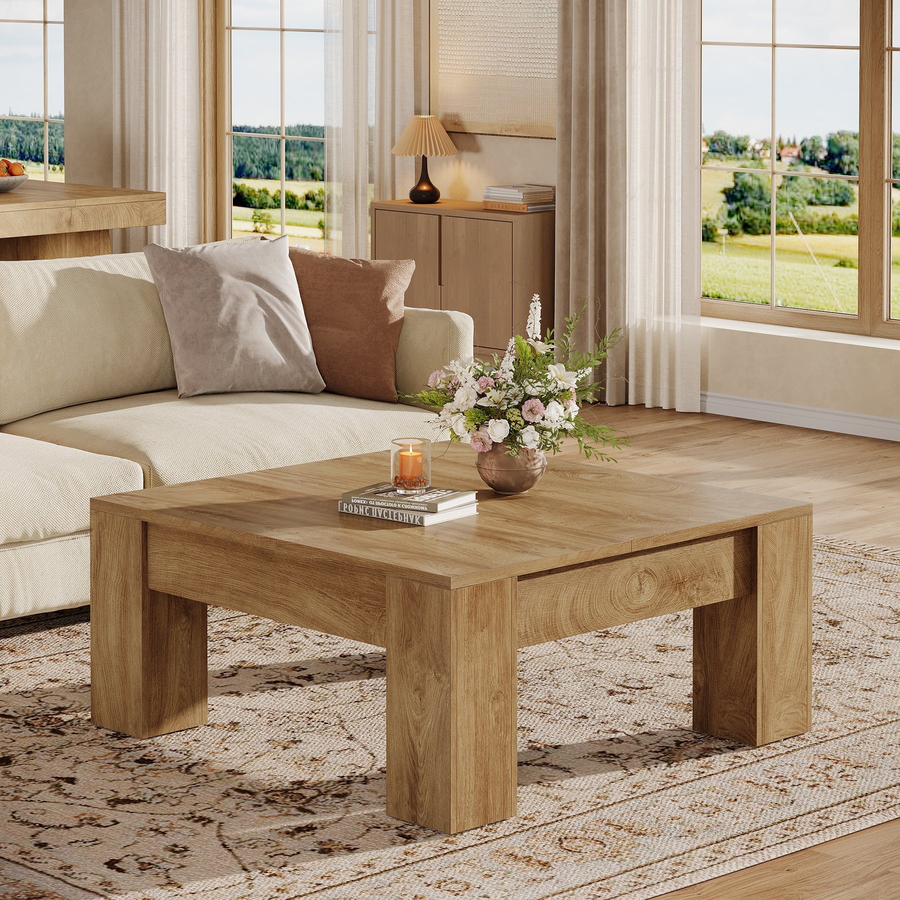 Wooden coffee table in a living room with a couch and decorative items.