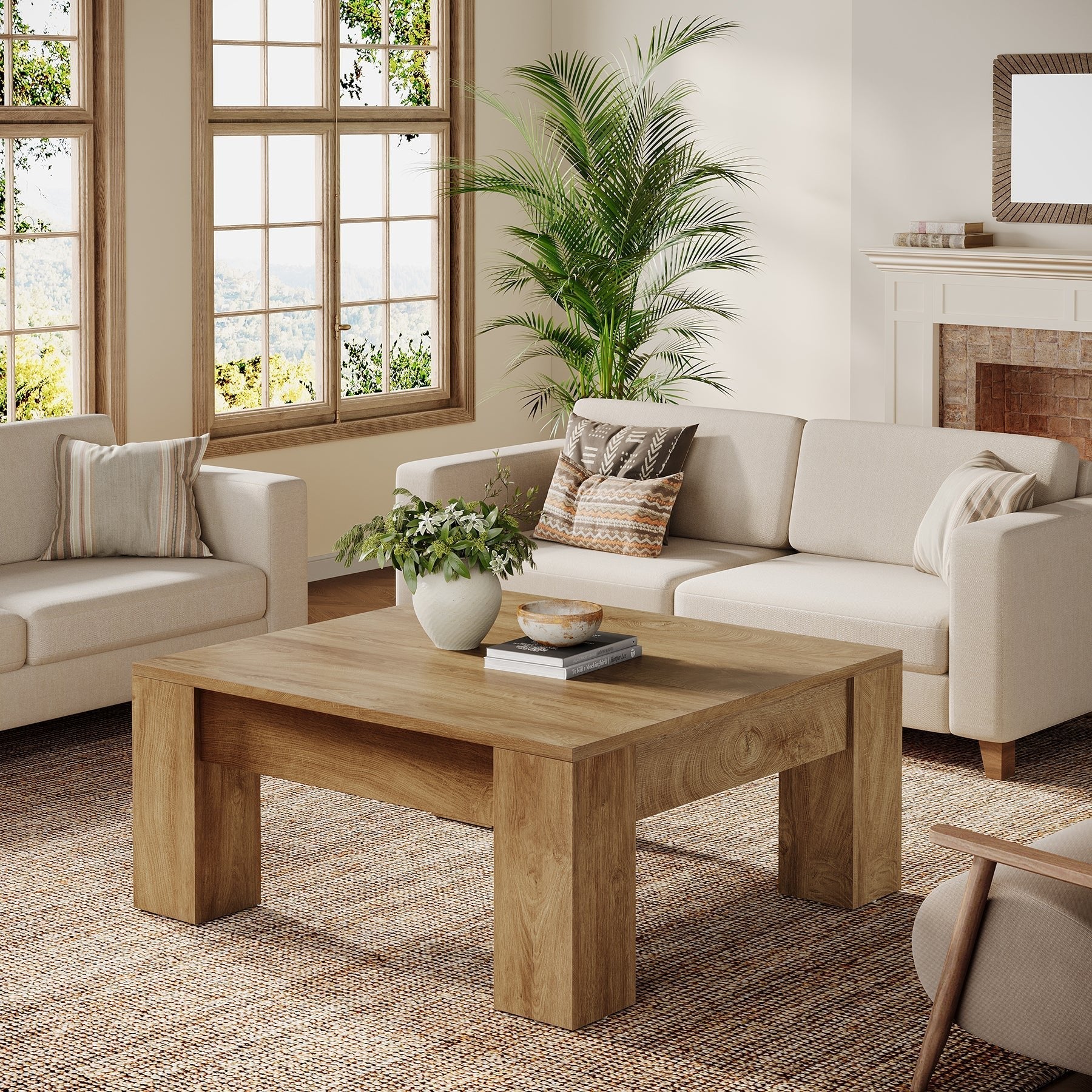 Tribesigns Mesa de centro cuadrada de 100 cm, Estilo rústico de madera con patas resistentes