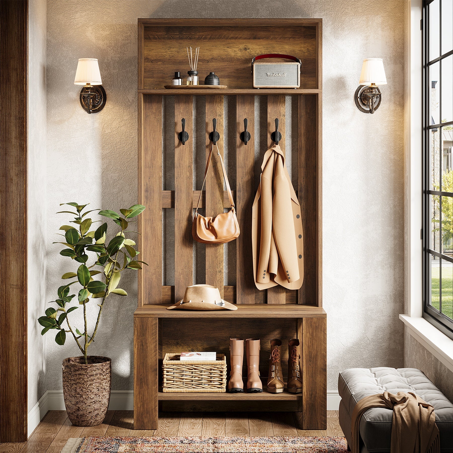 Mueble de recibidor de 180 cm con banco y espacio para guardar zapatos, Perchero estrecho con ganchos para recibidor y entrada