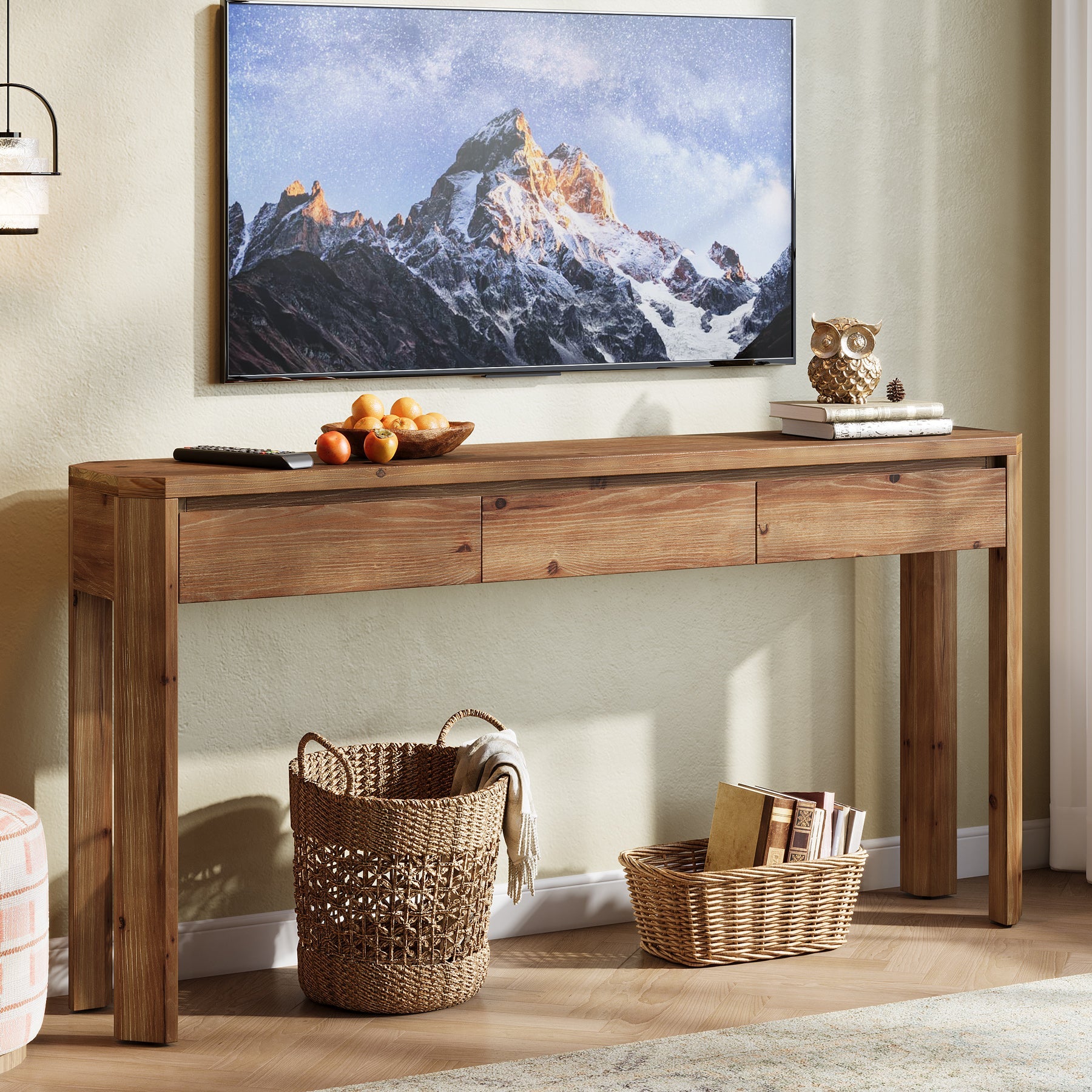 Tribesigns Consola de madera maciza de 160 cm con 3 cajones, Mesa de recibidor y sofá esquinas redondeadas estilo rústico