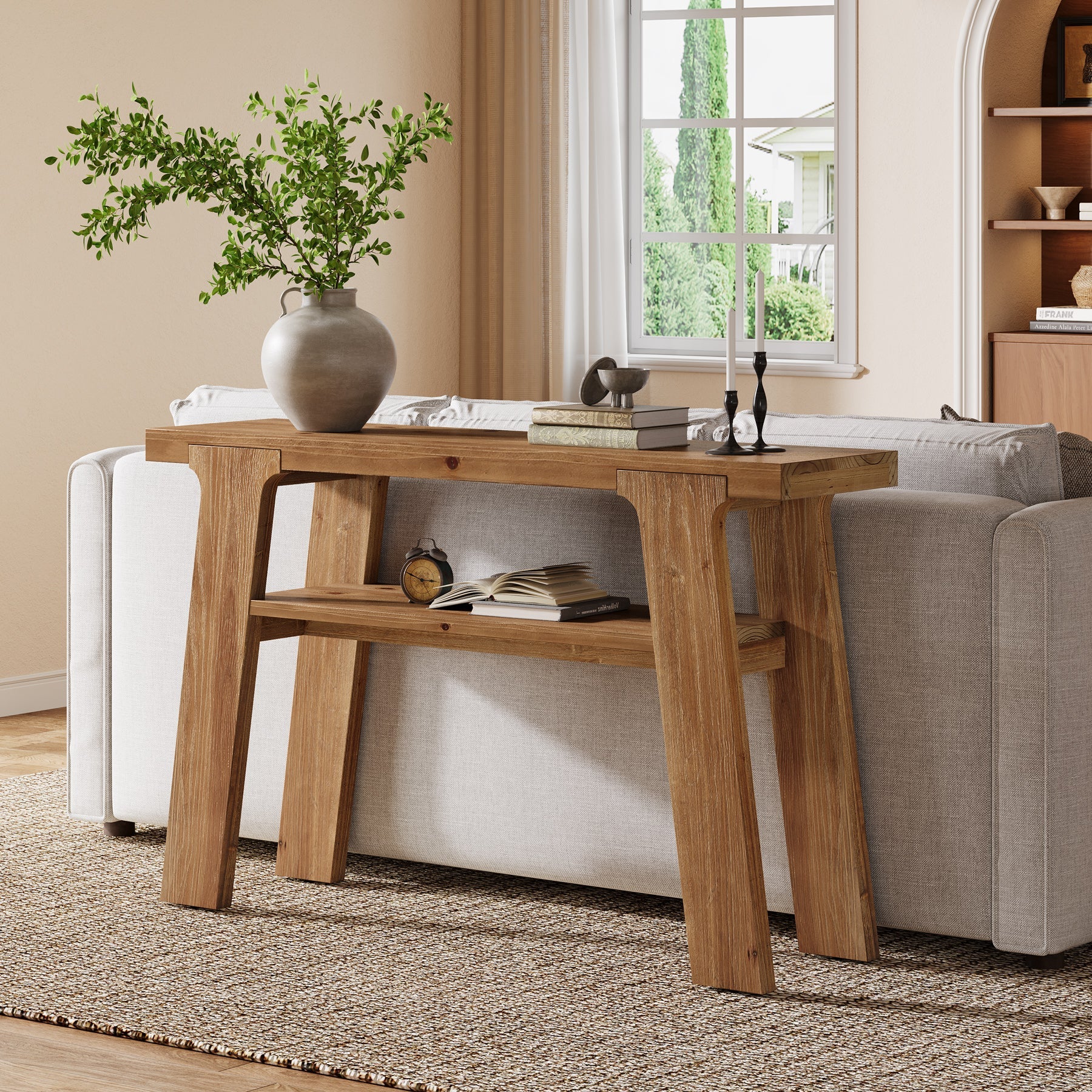 Tribesigns Consola de madera maciza de 120 cm, Mesa de recibidor y sofá rústica con 2 estantes estilo campestre
