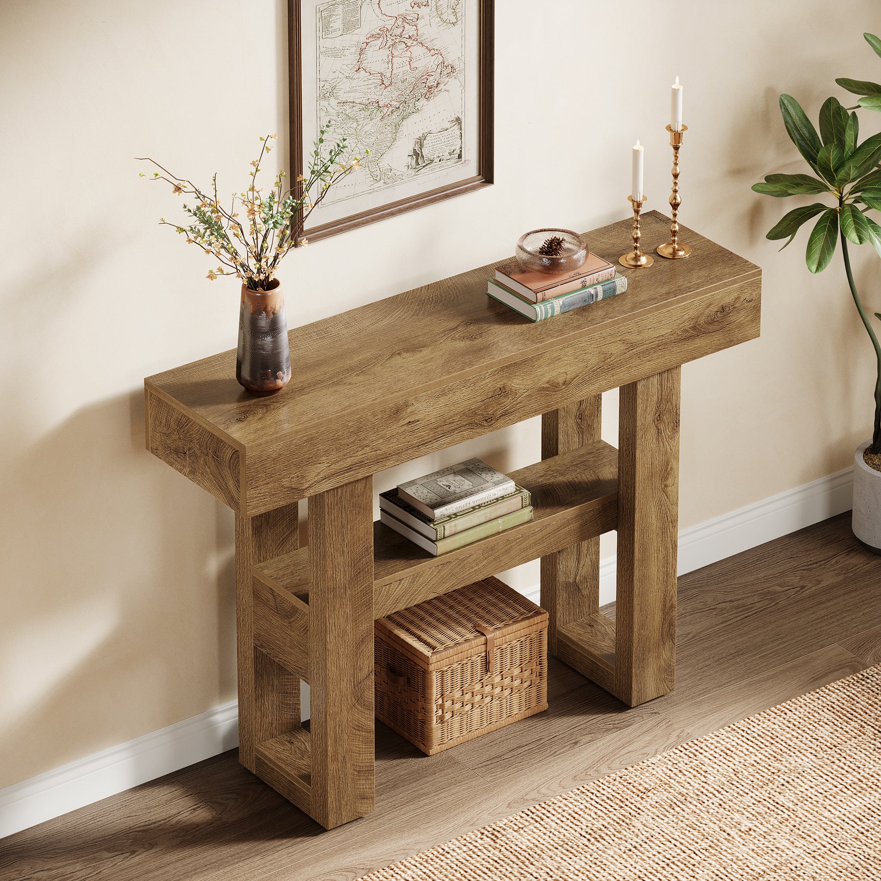 Tribesigns Mesa consola Farmhouse de 105 cm, Mesa de sofá estrecha de 2 niveles detrás del sofá