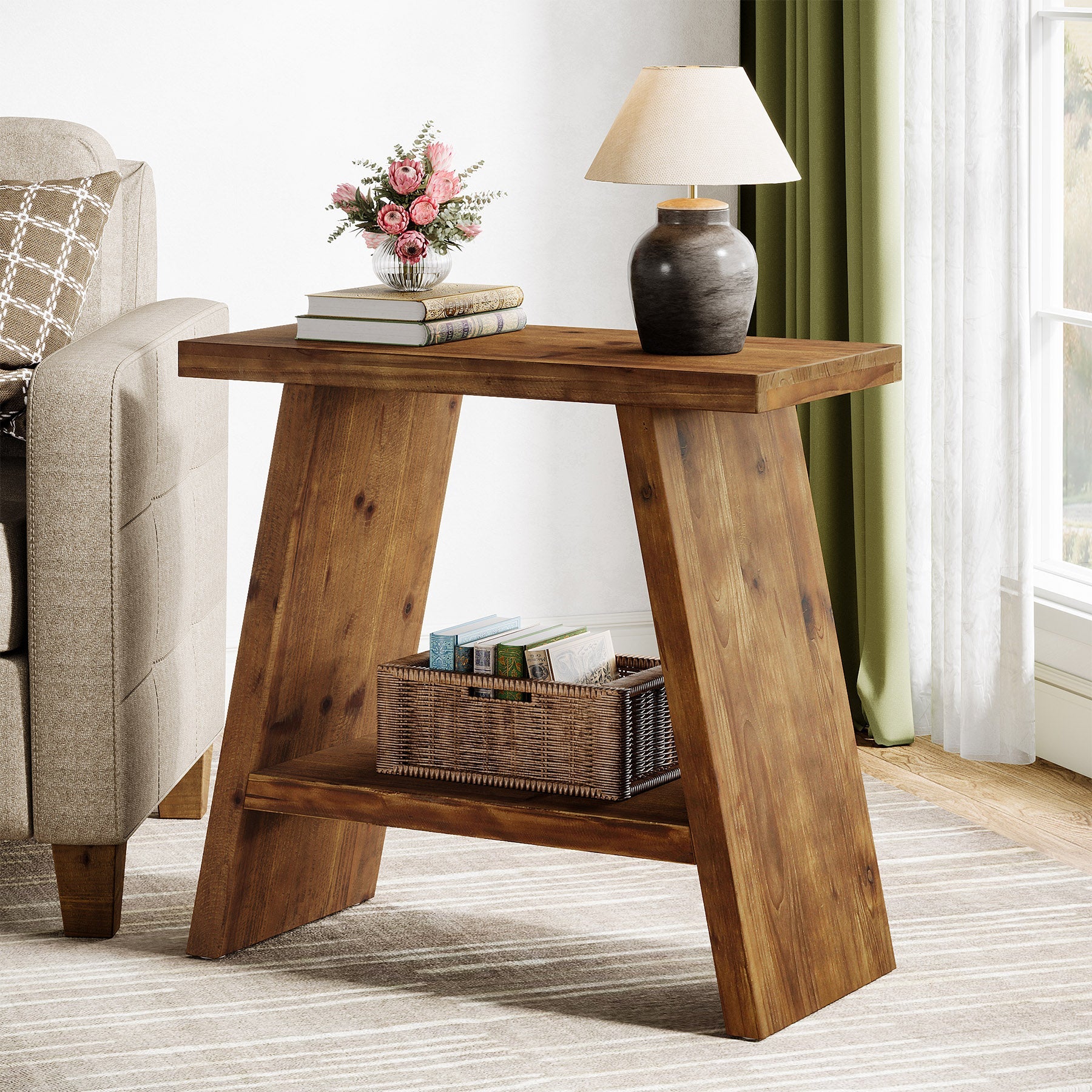 Mesita auxiliar estrecha de madera maciza de 60 x 30 cm con almacenamiento de 2 niveles, Mesita de noche rústica para salón y dormitorio