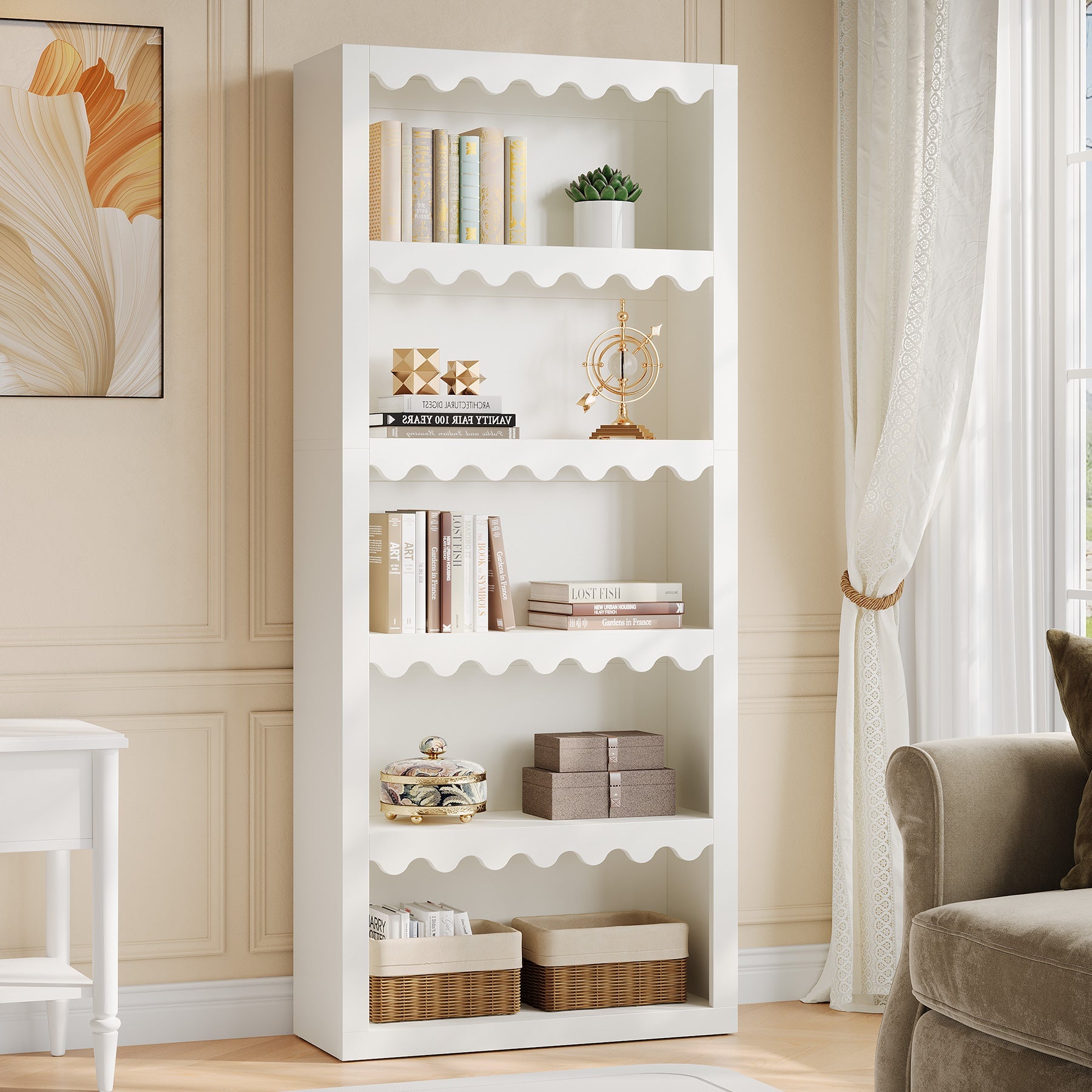 Tribesigns Librería de 180 cm de altura, Estantería moderna con bordes en forma de concha para salón