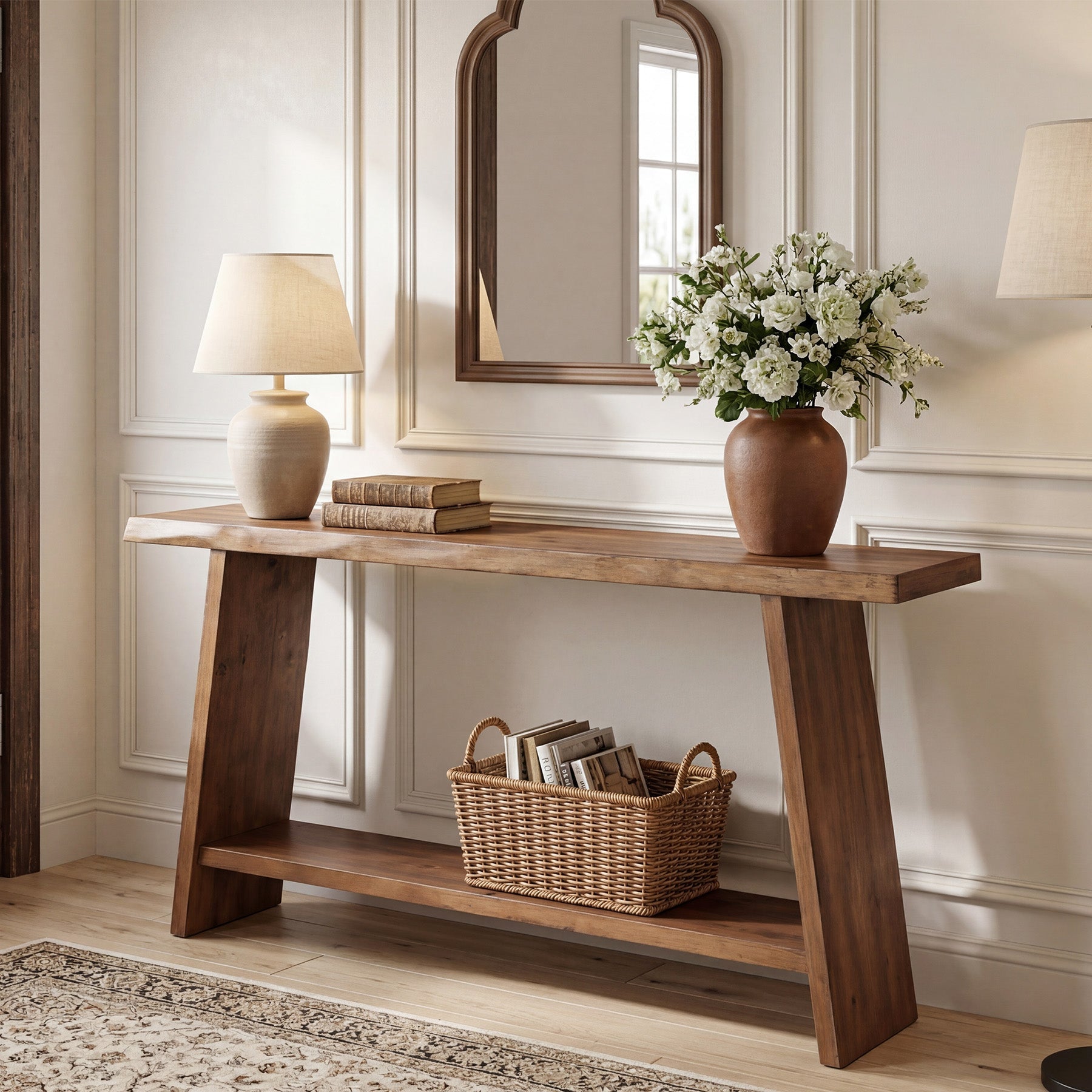Tribesigns Mesa consola de madera maciza de 160 cm, Mesa auxiliar de dos niveles para el recibidor