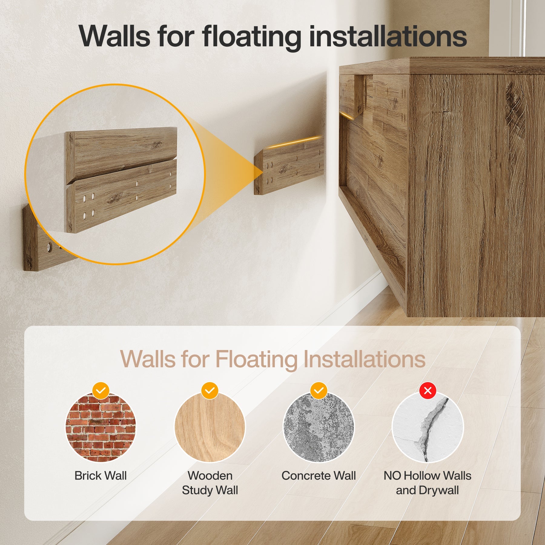Mueble de TV flotante Tribesigns con 2 cajones acanalados, Mueble multimedia de pared para sala de estar y dormitorio