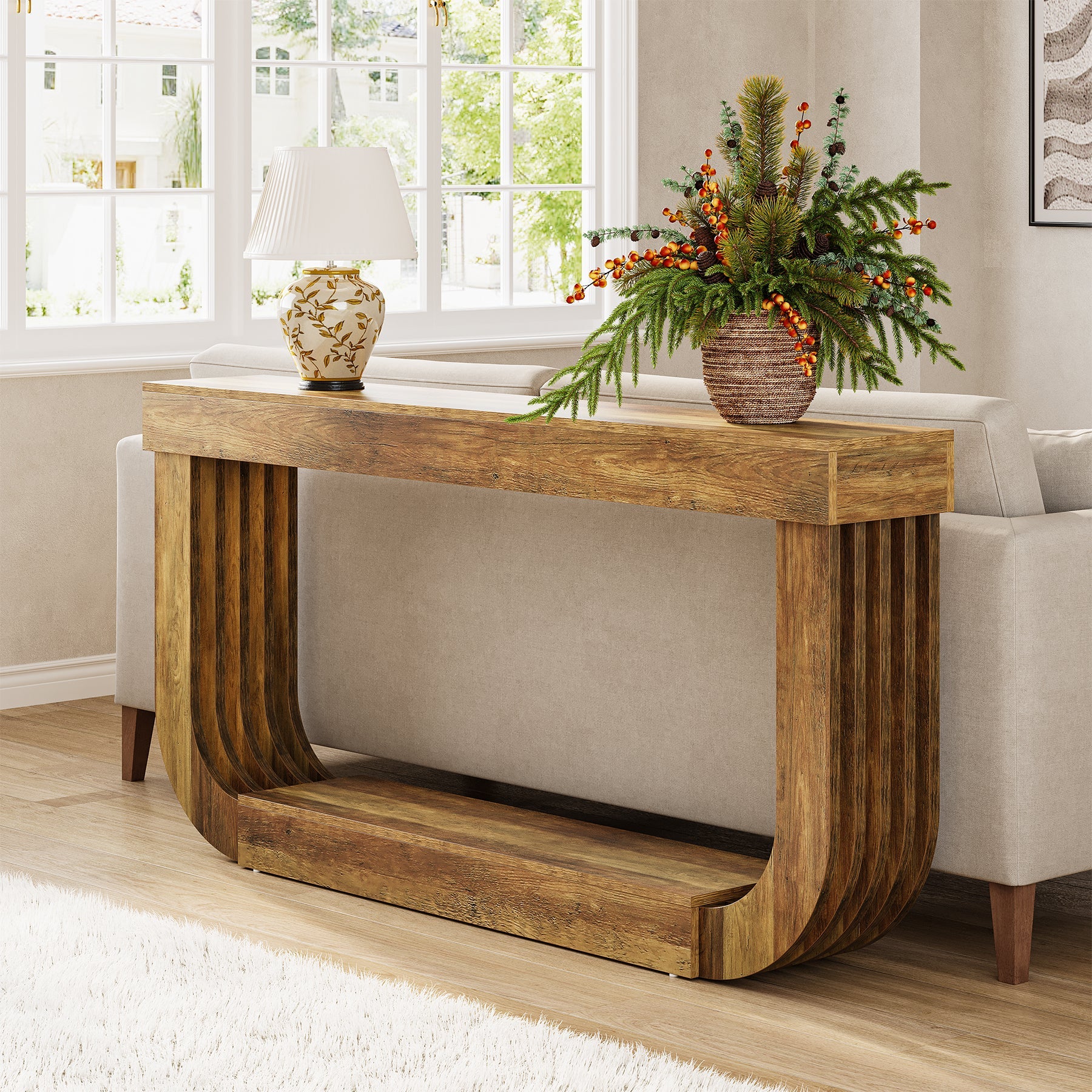 Tribesigns Consola de 180 cm, Mesa de sofá de dos niveles con pedestal en forma de U