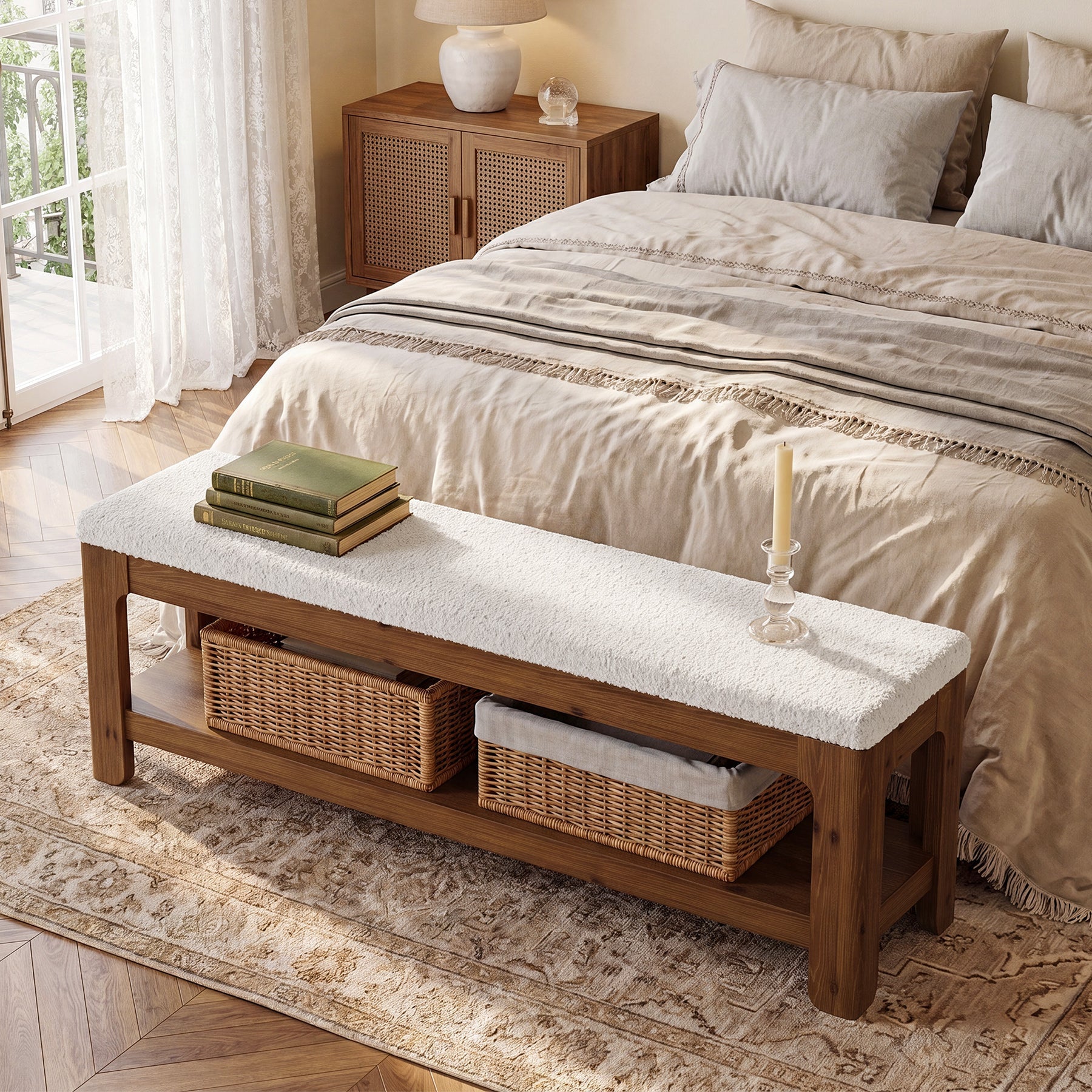 Tribesigns Banco tapizado de 140 cm, fabricado en madera maciza, ideal para recibidor, con estante de almacenamiento y asiento de felpa
