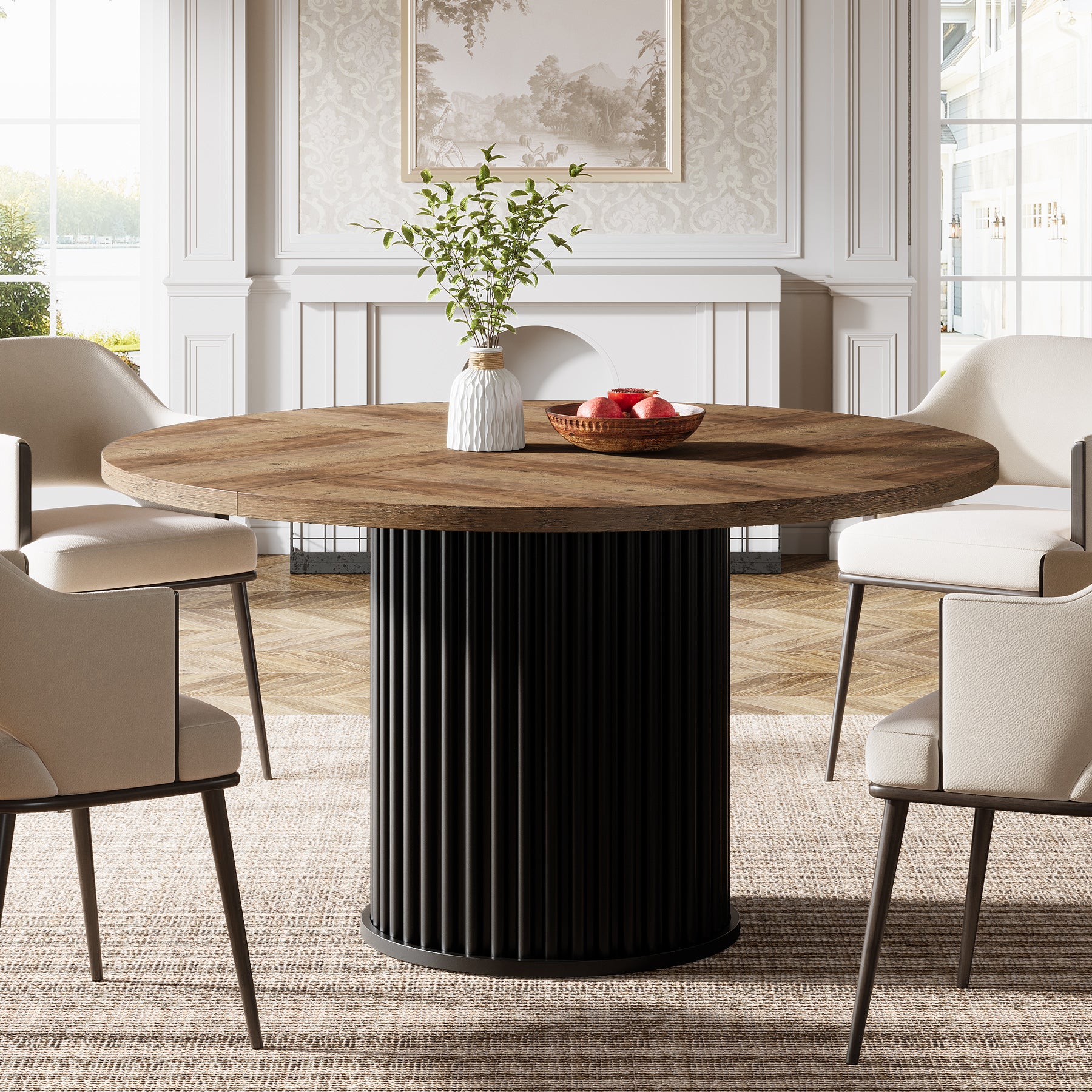 Tribesigns Mesa de comedor redonda de 120 cm, Mesa de cocina de madera con base de metal ranurado resistente