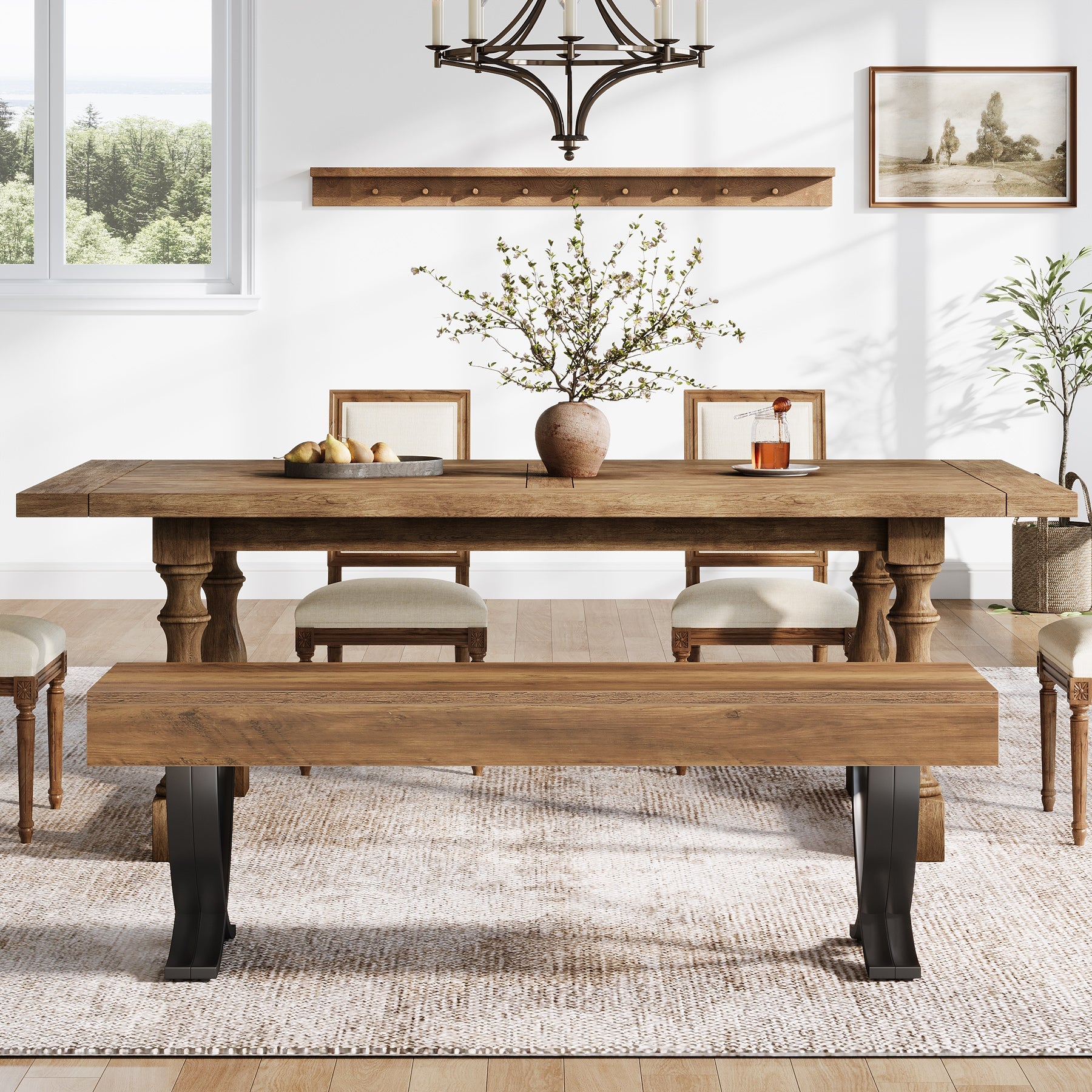 Tribesigns Banco de comedor rústico de 140 cm con tablero de aspecto de madera y patas metálicas en forma de X, Banco de cocina largo para comedor y pasillo