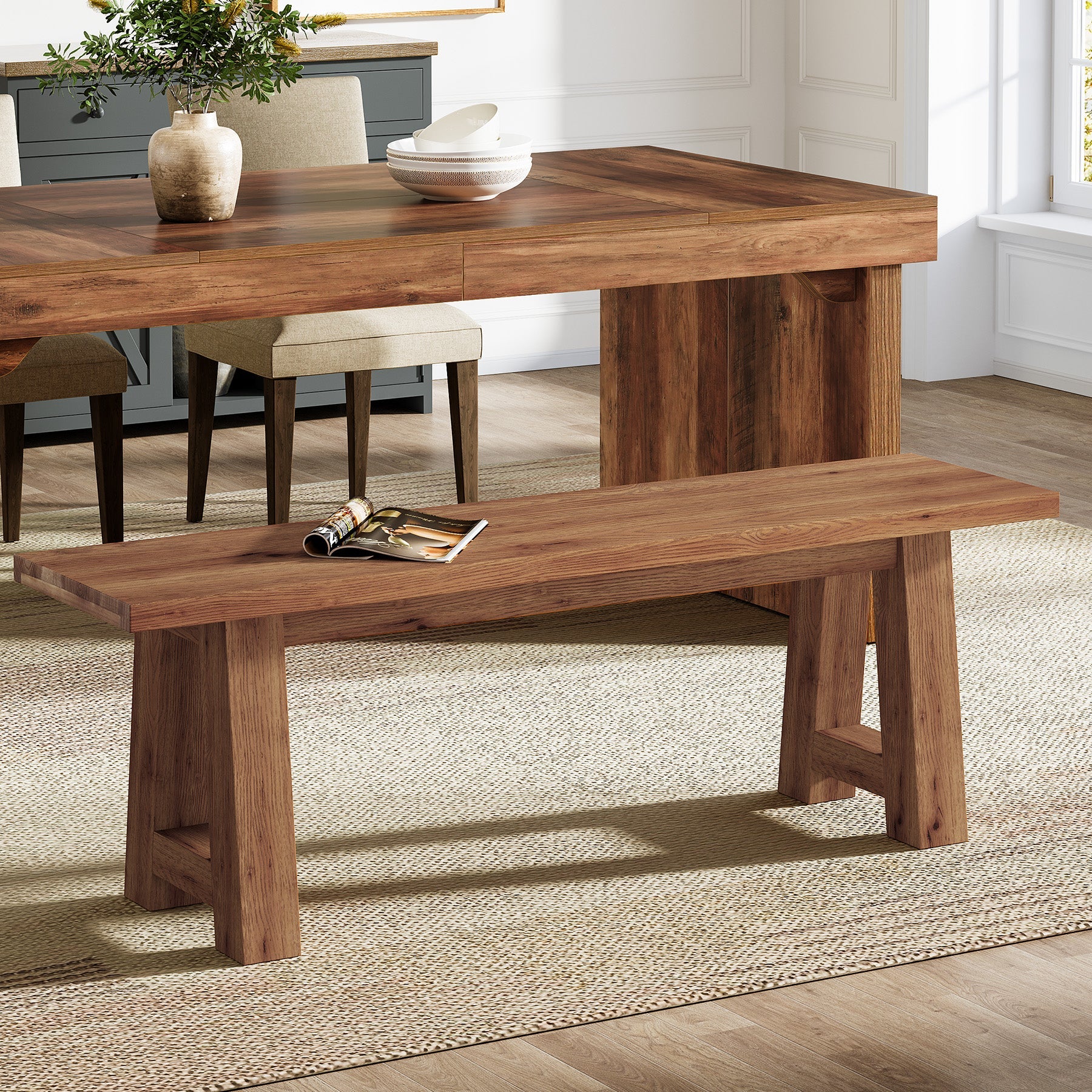 Banco de madera maciza de 140 cm de estilo rústico, Banco largo de entrada fabricado en madera natural